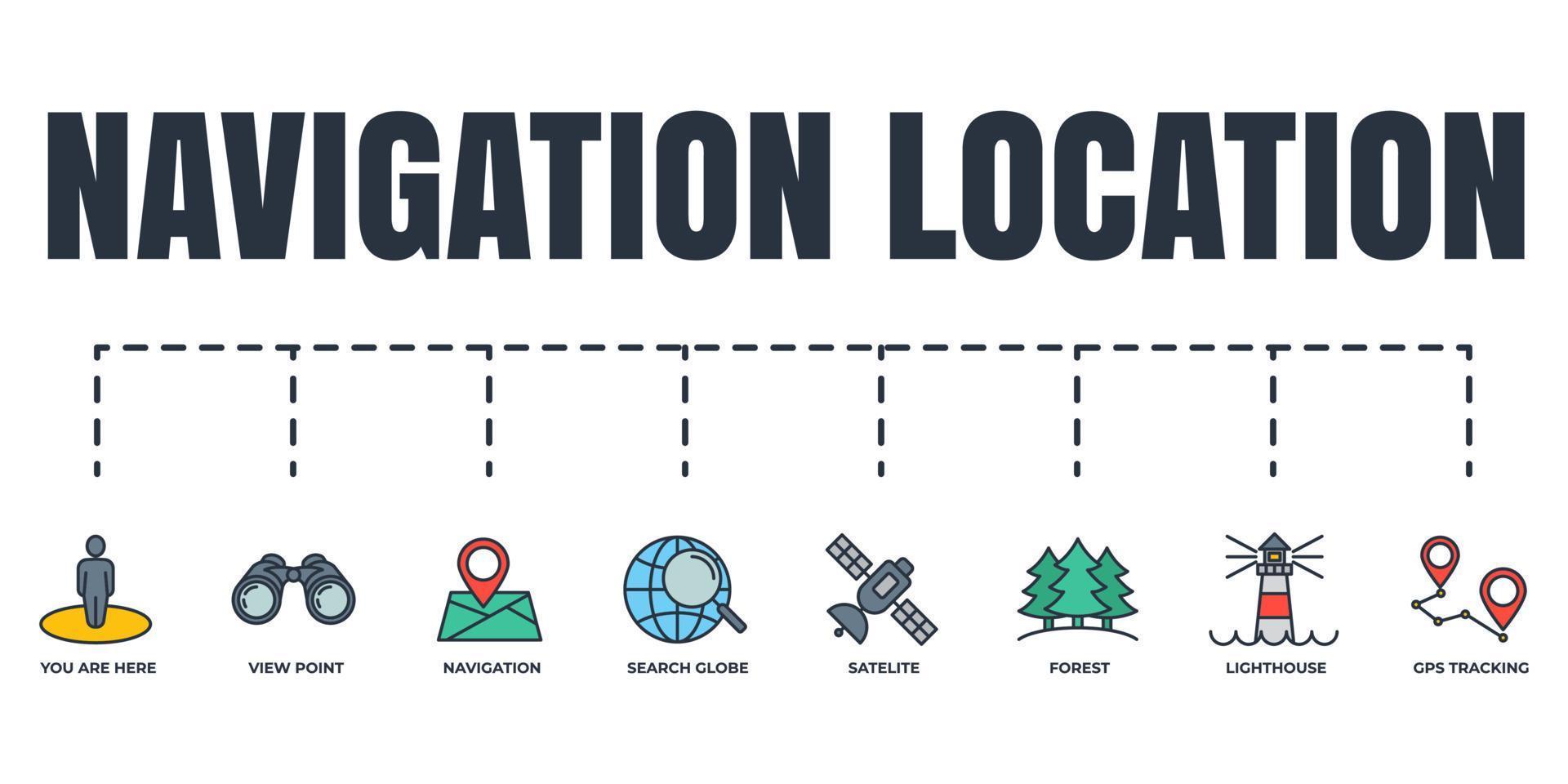 Navigation, location banner web icon set. satellite, you are here, navigation, search globe, gps tracking, forest, view point, lighthouse vector illustration concept.