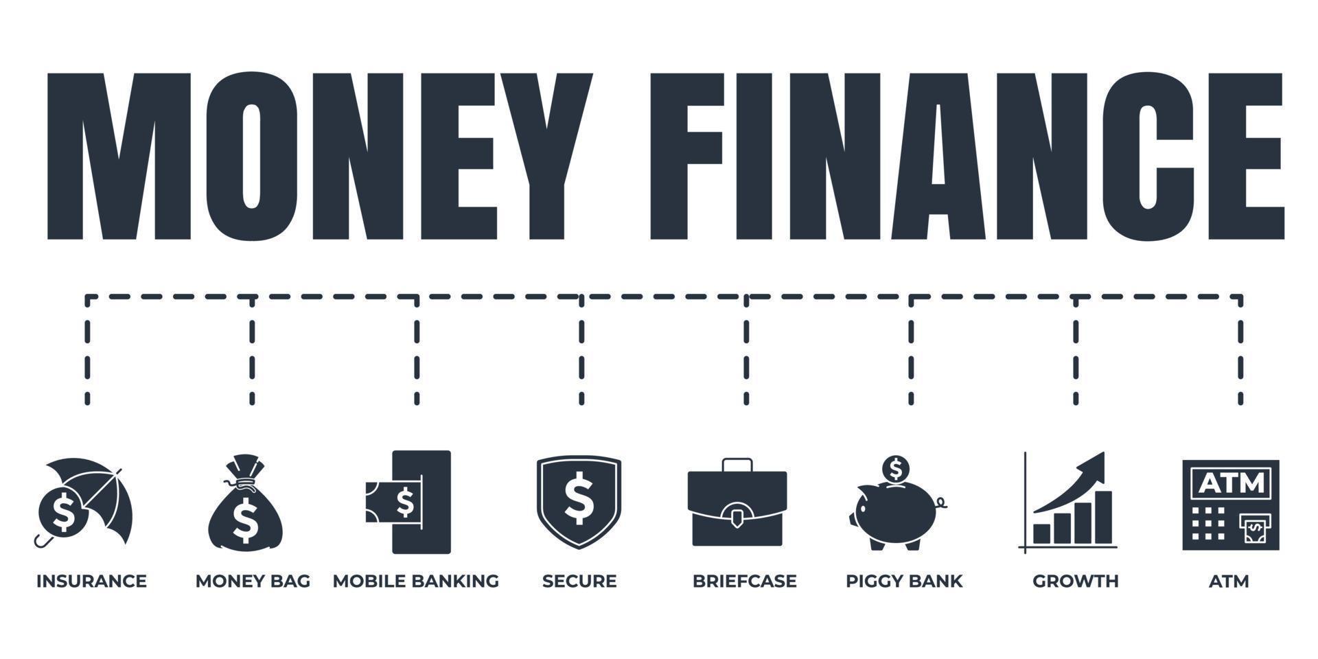 Finance banner web icon set. piggy bank, growth, money bag, briefcase, secure, atm, insurance, mobile banking vector illustration concept.