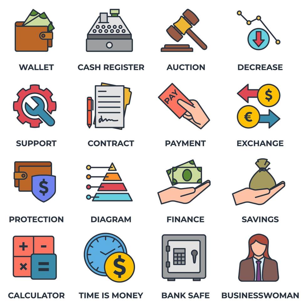 Set of money finance icon logo vector illustration. finance pack symbol template for graphic and web design collection. wallet, cash register, auction, decrease and more