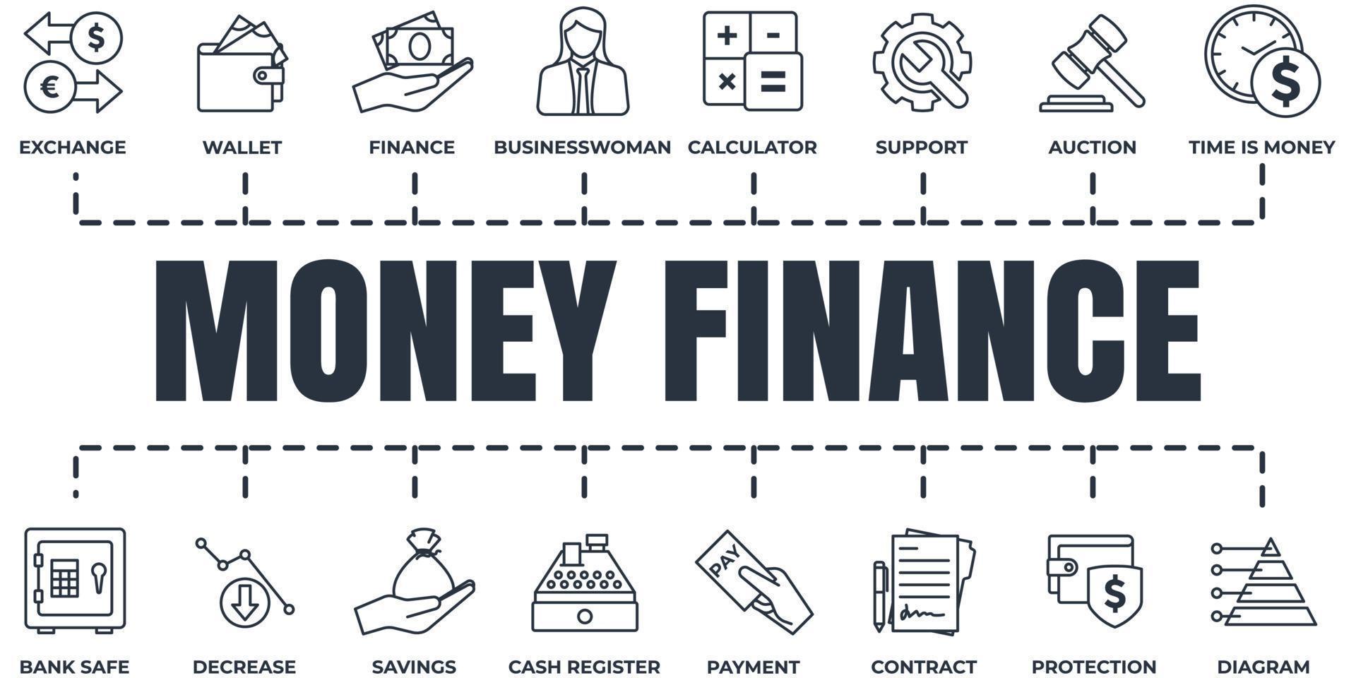 Finance banner web icon set. wallet, cash register, auction, decrease, support and more vector illustration concept.