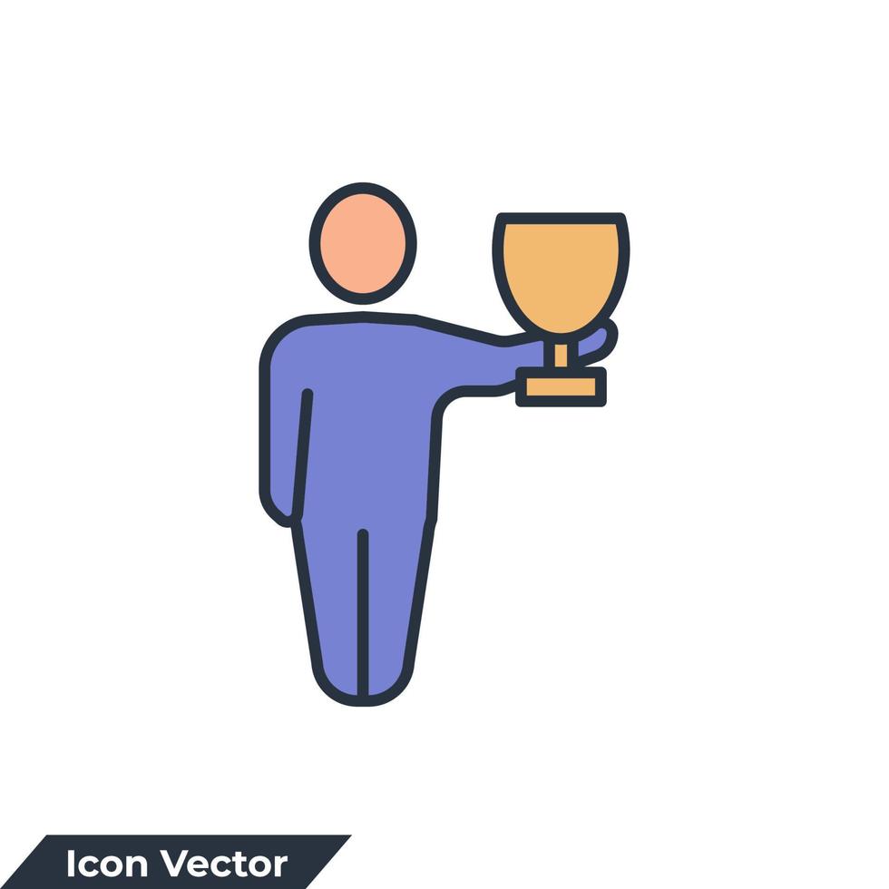 Ilustración de vector de logotipo de icono de ganador. el hombre tiene una plantilla de símbolo de copa de premio ganador para la colección de diseño gráfico y web
