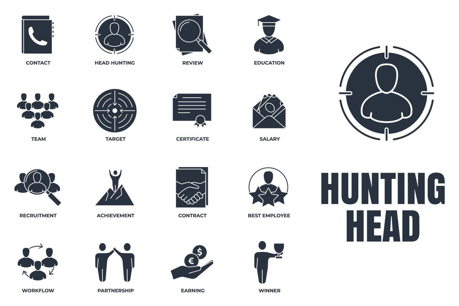 Set of Head Hunting, earning, winner, contract, target, review and more icon logo vector illustration. recruiting pack symbol template for graphic and web design collection