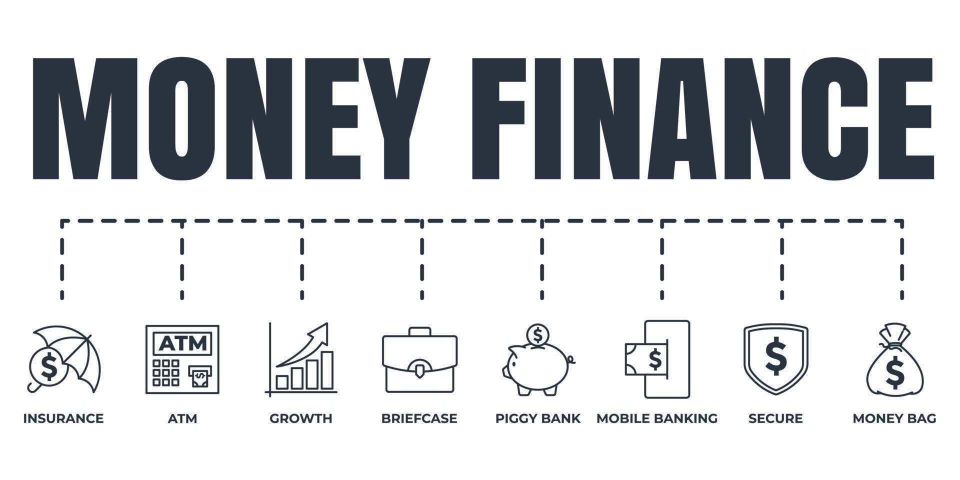 Finance banner web icon set. piggy bank, growth, money bag, briefcase, secure, atm, insurance, mobile banking vector illustration concept.