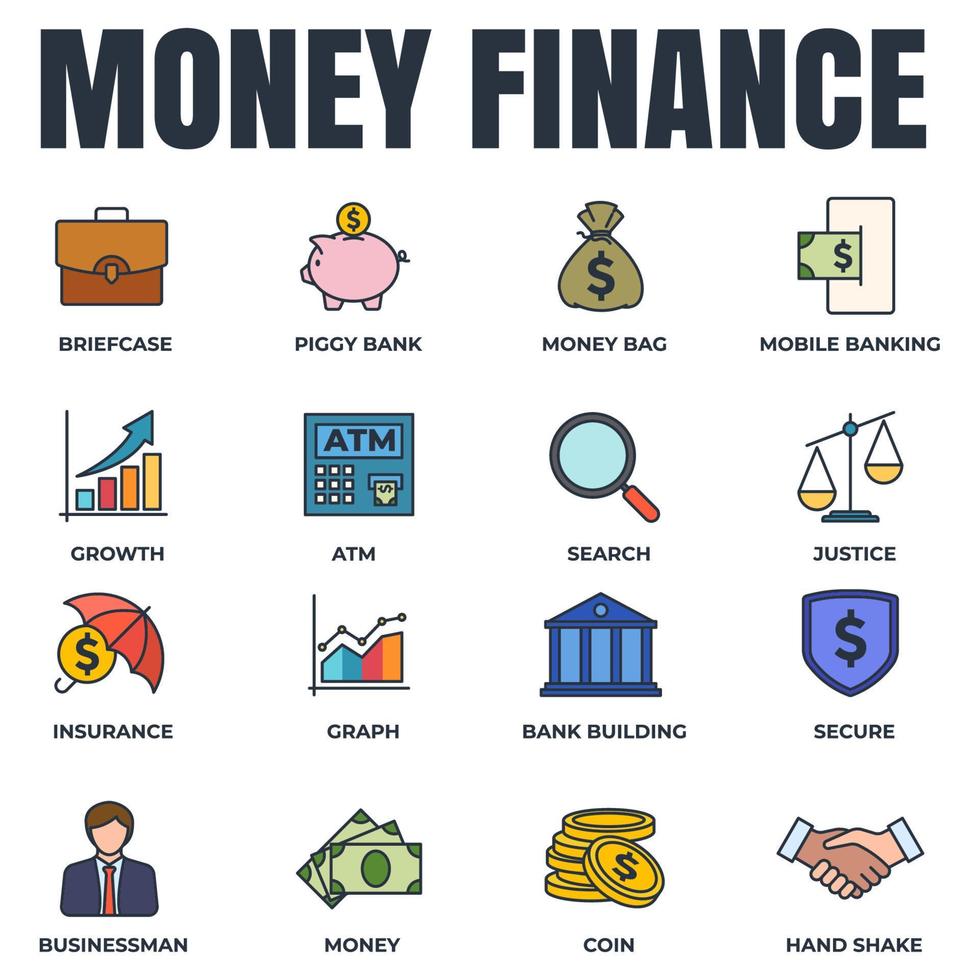 conjunto de ilustración de vector de logotipo de icono de finanzas de dinero. plantilla de símbolo de paquete de finanzas para la colección de diseño gráfico y web. dinero, búsqueda, gráfico, hombre de negocios y más