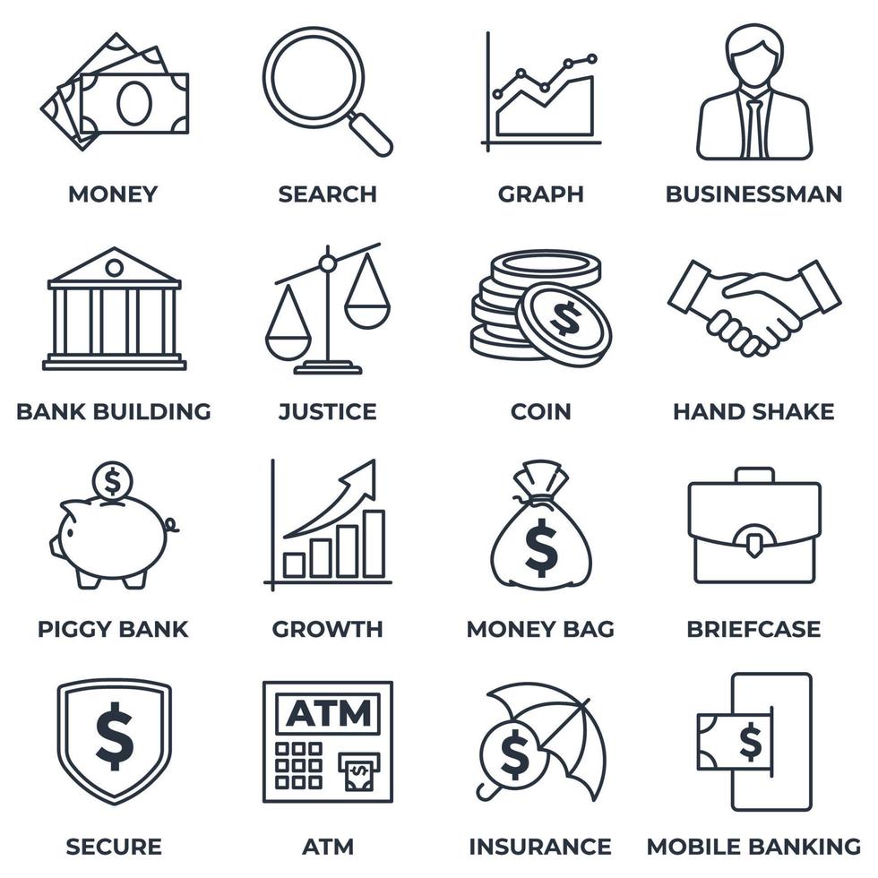 Set of money finance icon logo vector illustration. finance pack symbol template for graphic and web design collection. money, search, graph, businessman and more