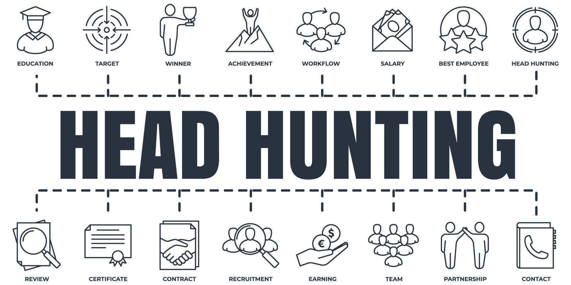 Head Hunting and Recruiting banner web icon set. achievement, head hunting, certificate, team, partnership, workflow and more vector illustration concept.