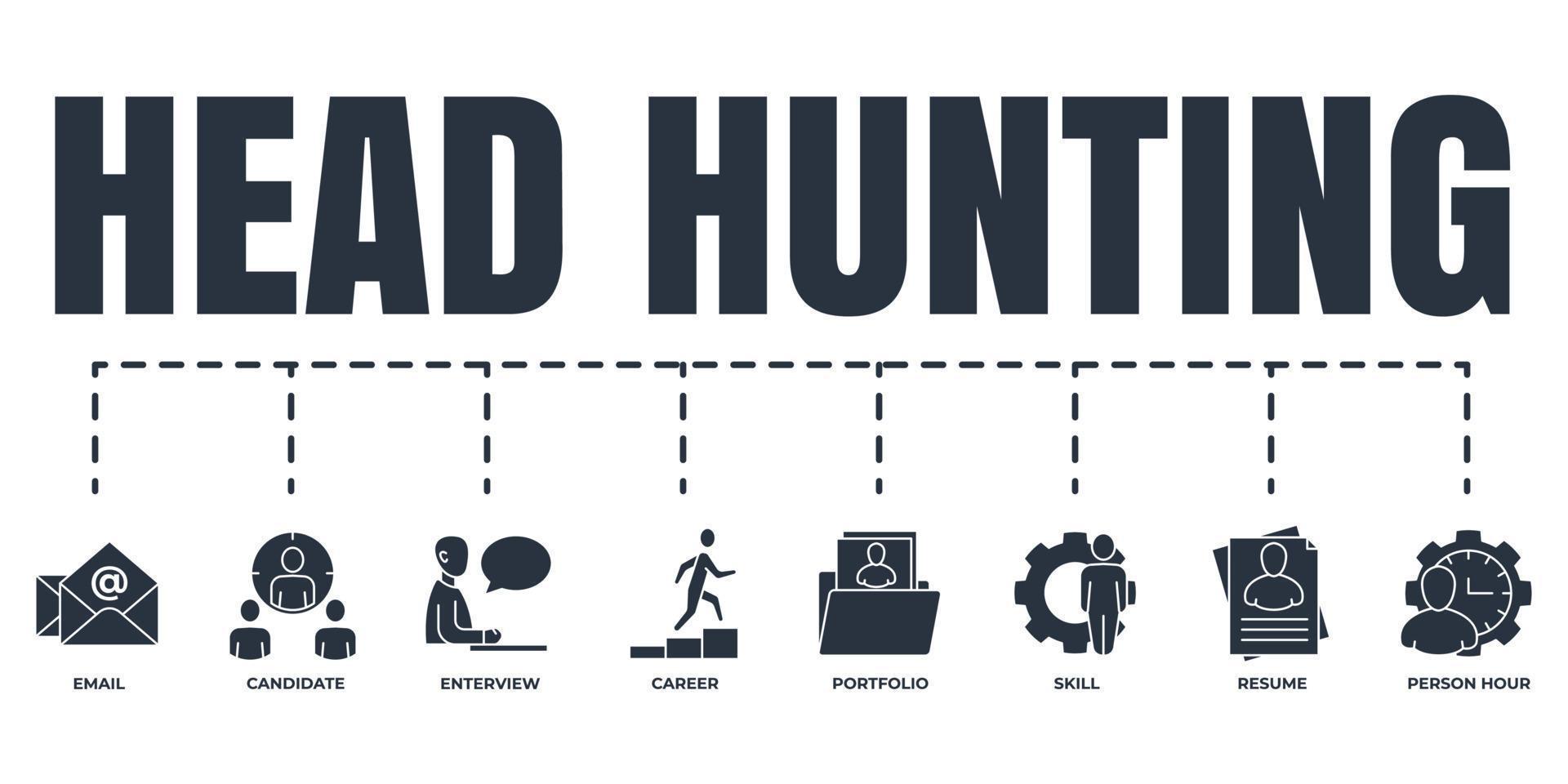 Head Hunting banner web icon set. career, resume, interview, candidate, portfolio, skill, email, person hour vector illustration concept.