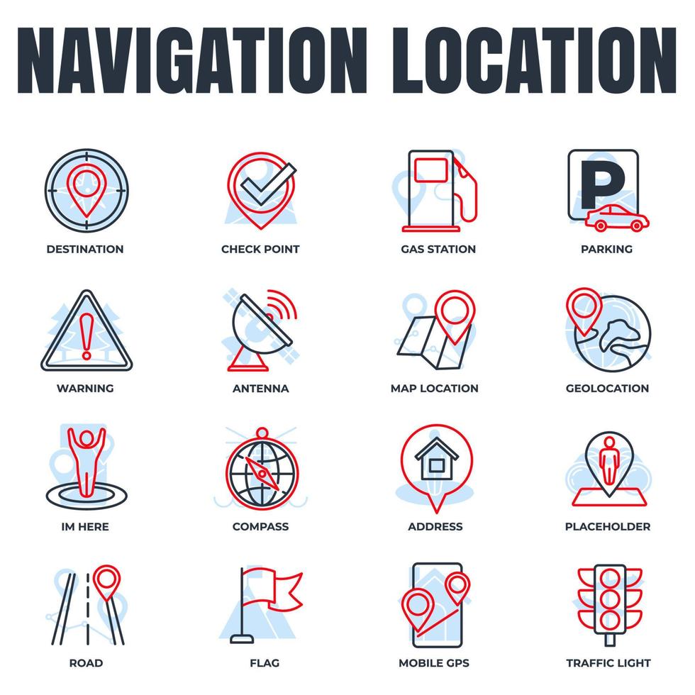 Set of Navigation location icon logo vector illustration. location pack symbol template. address, flag, traffic light, warning, road and more for graphic and web design collection