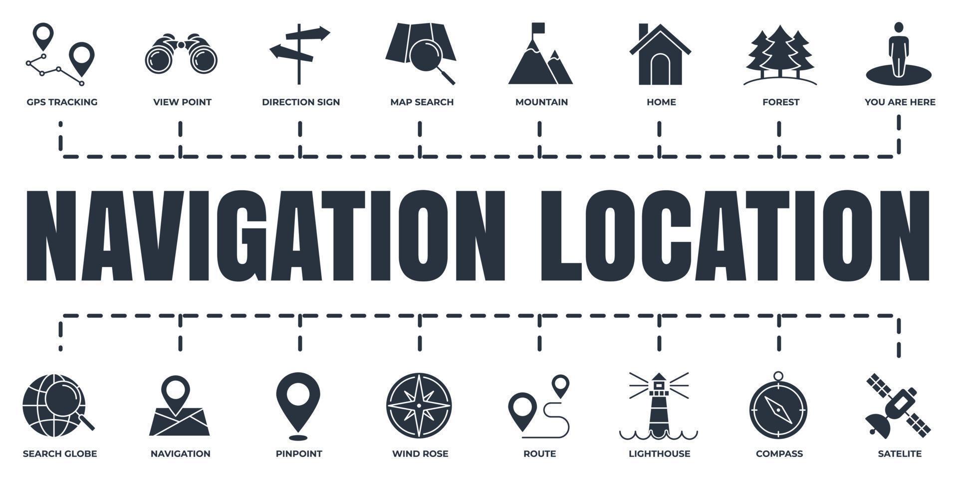 Navigation, location banner web icon set. home, pinpoint, direction sign, compass, map search and more vector illustration concept.