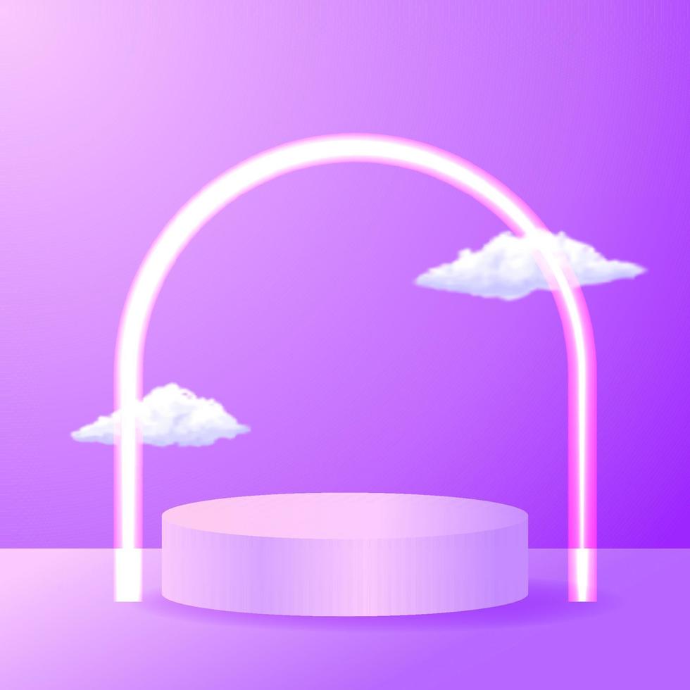 Podium product display with 3d cylinder stage with purple color and cloud with line light neon vector