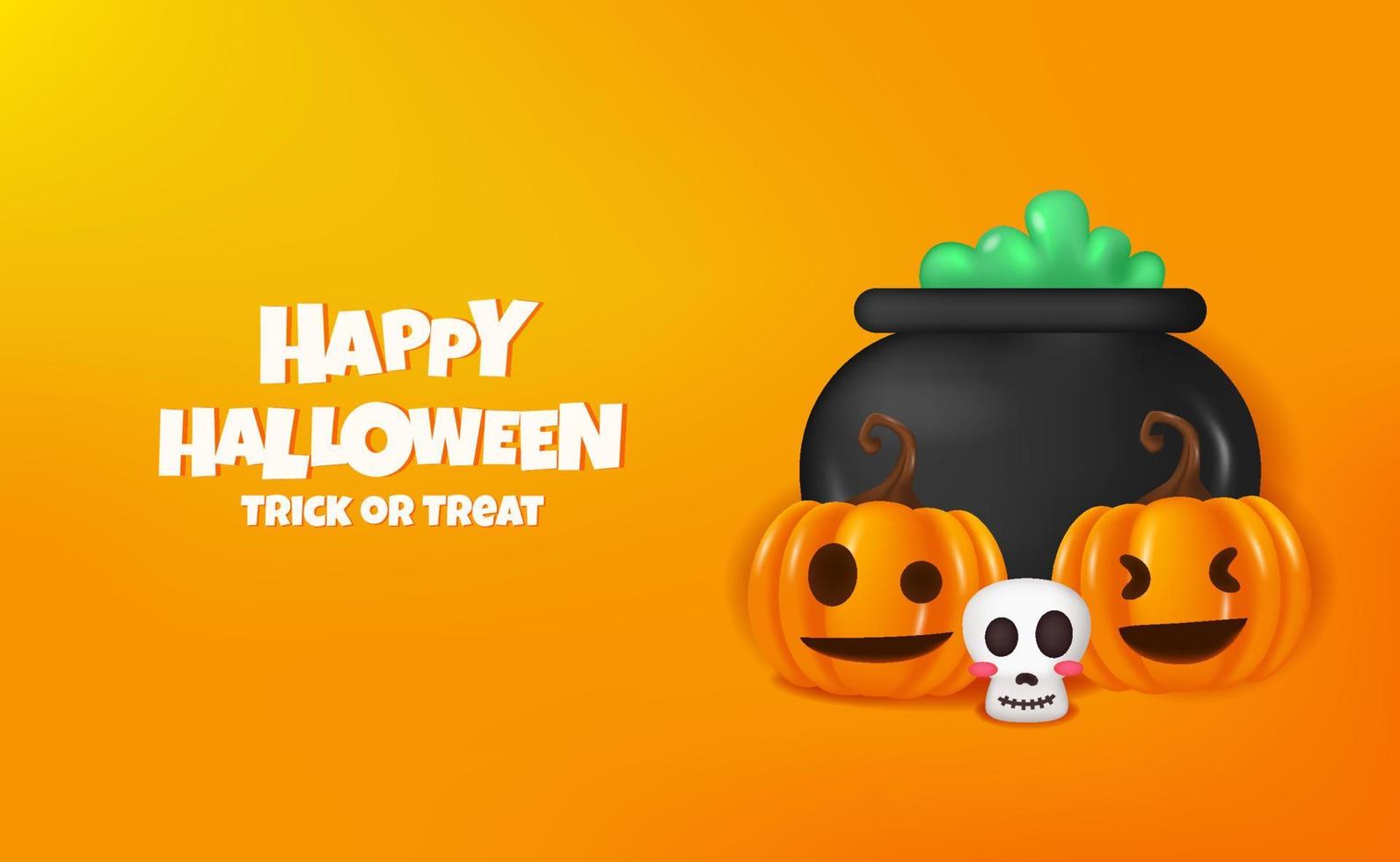 Happy halloween Party banner design with 3d cute cauldron and pumpkin jack o lantern with orange background vector