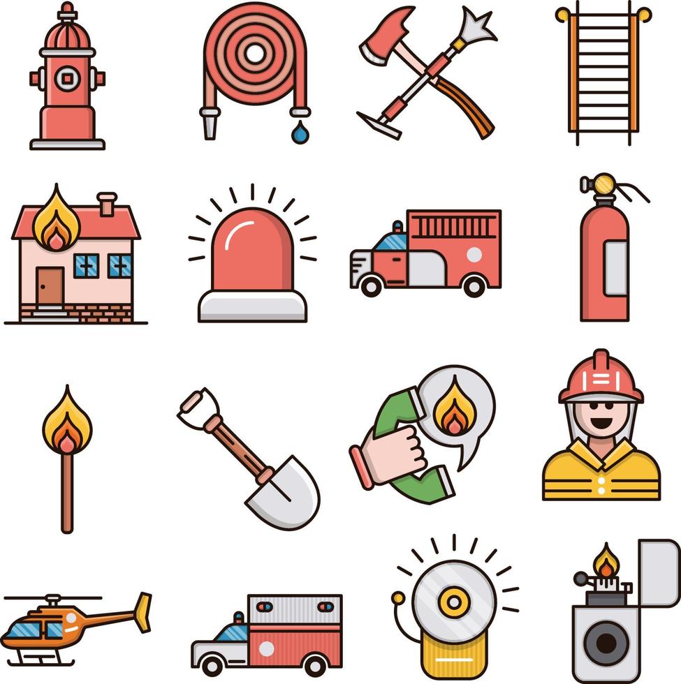 conjunto de iconos vectoriales relacionados con el departamento de bomberos y bomberos. vector