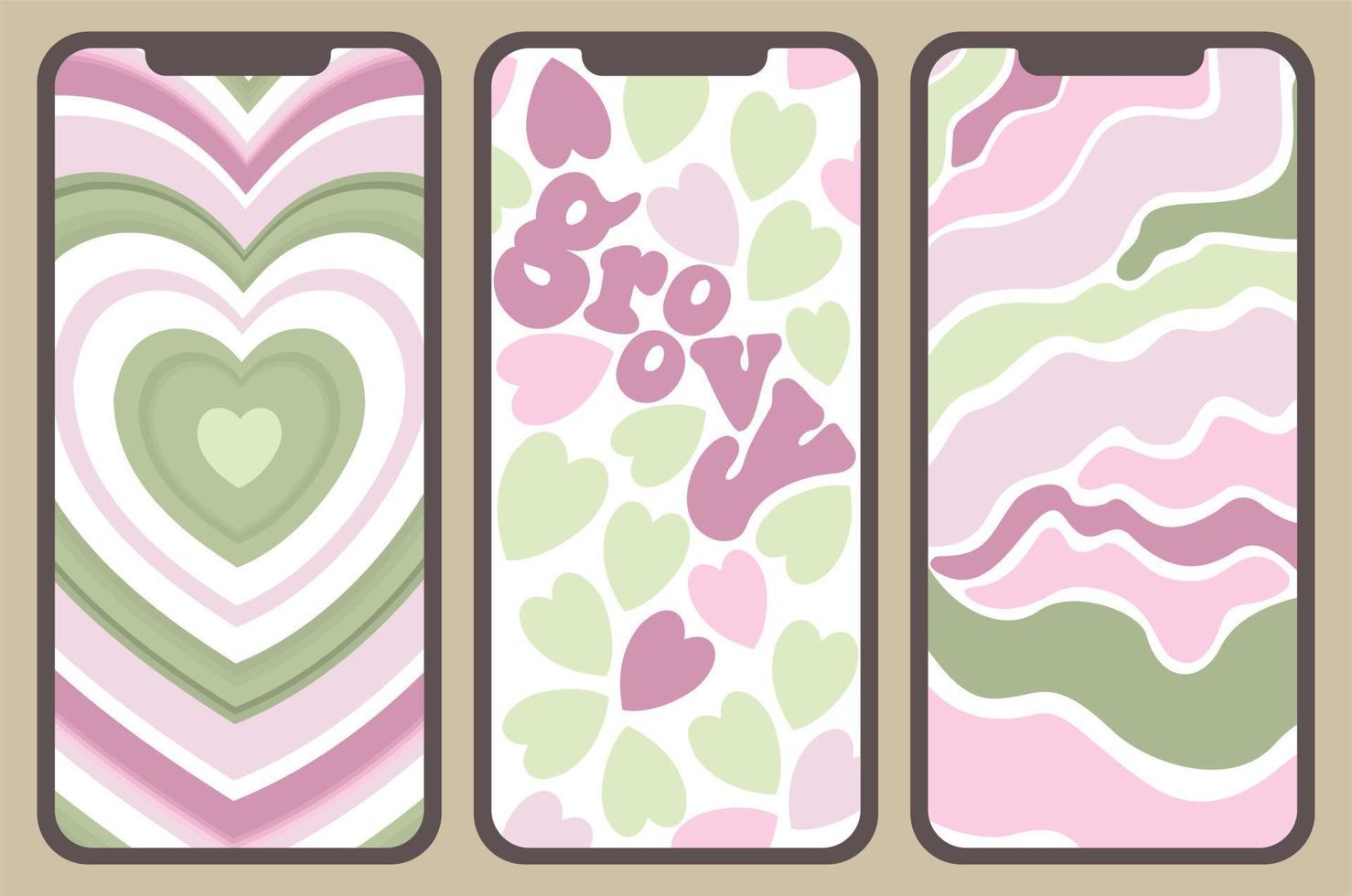 Vector set of three smartphone screens in pastel colors. Groovy. Pink and green. Hearts and sinuous lines.