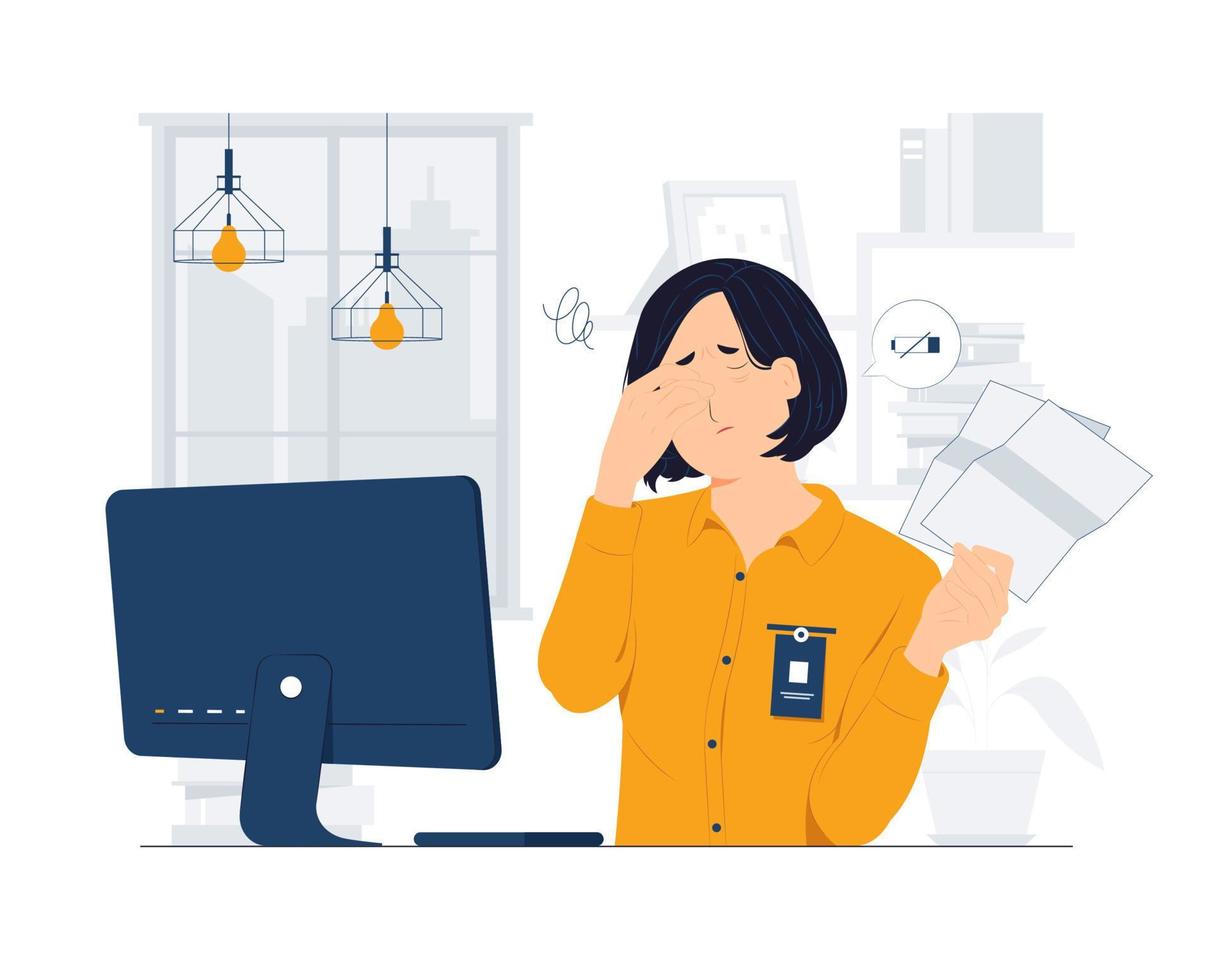 Frustrated, tired business woman after work, touching her head, feeling absolutely stress and exhausted because of overwork, Deadline, Tiredness concept illustration vector