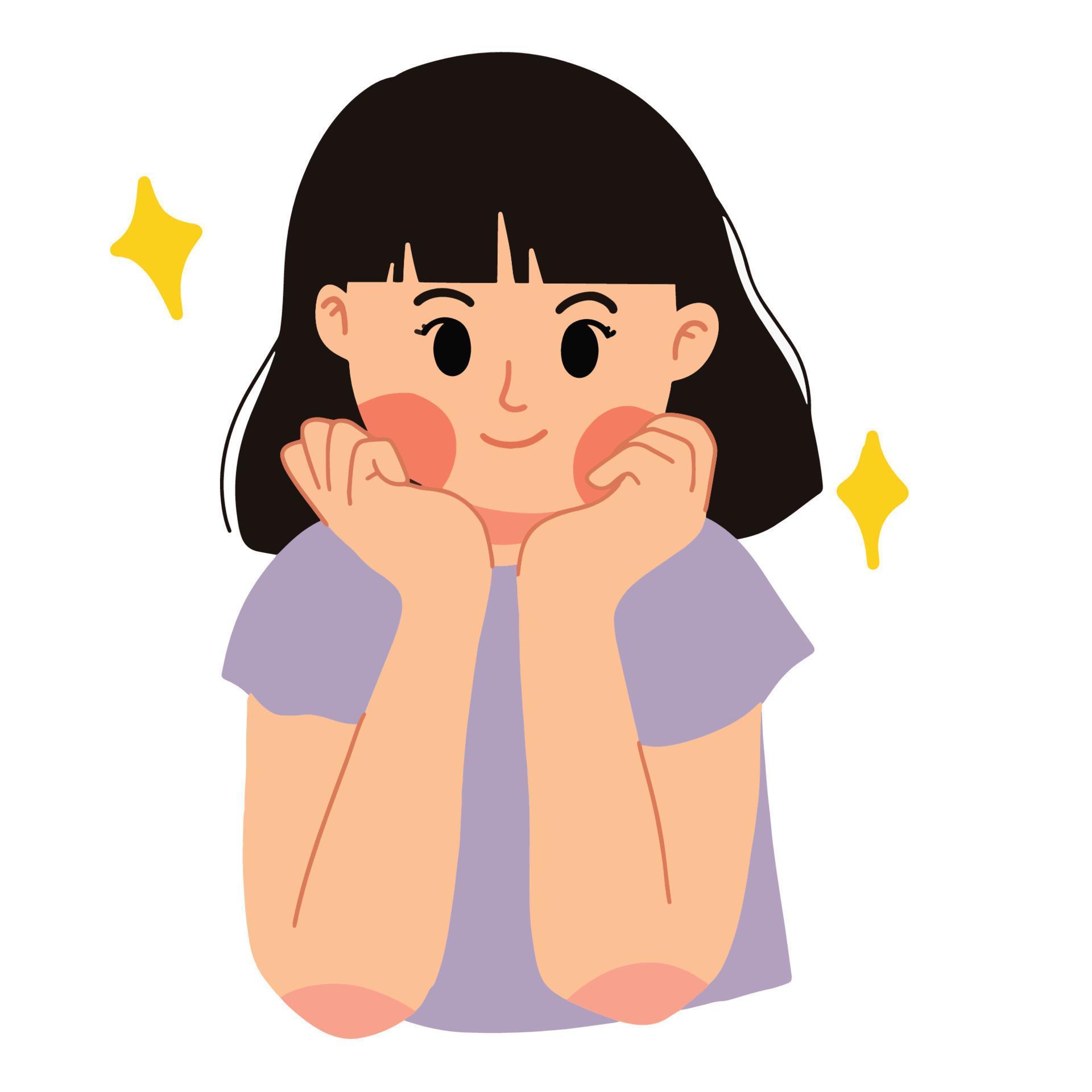 cute girl kid with both hand on chin illustration 9646445 Vector Art at