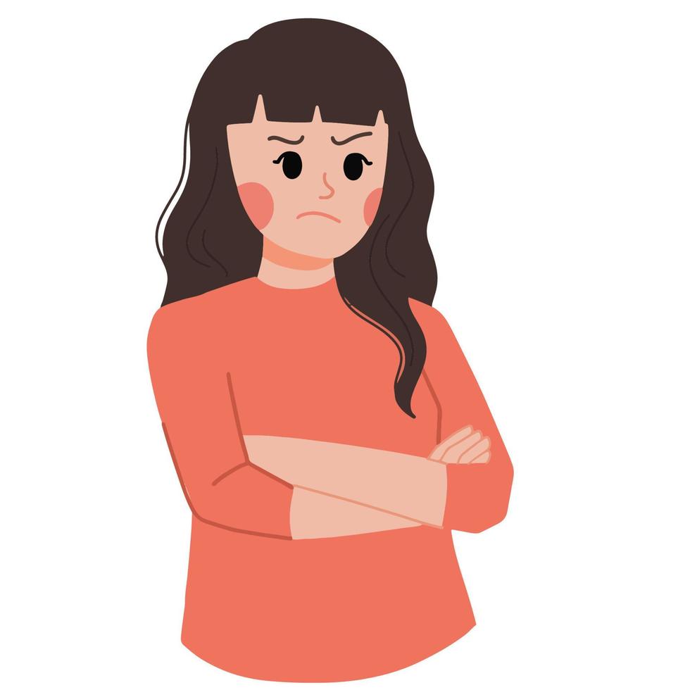 mujer joven que se siente enojada y enojada con cruzar gestos colgantes ilustración desagradable vector