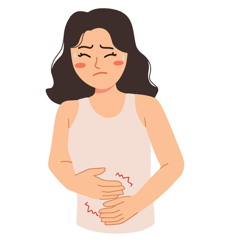 mujer con dolor de estómago y calambres menstruales ilustración vector