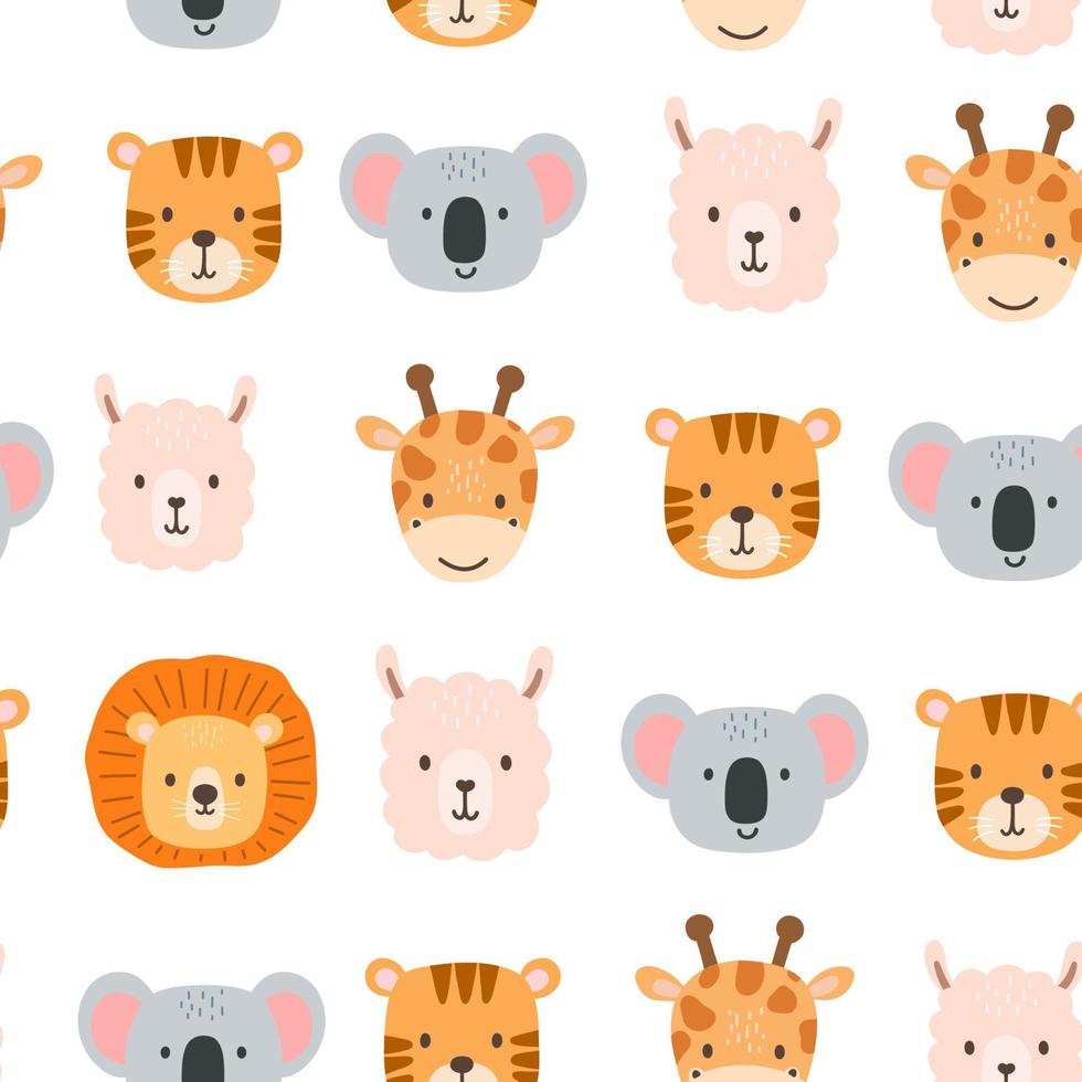 patrón sin costuras con cabeza de animales de retrato lindo en estilo de dibujos animados. dibujando caras africanas de león, jirafa y koala aisladas en blanco. tigre dulce vectorial para niños. animales de la selva vector