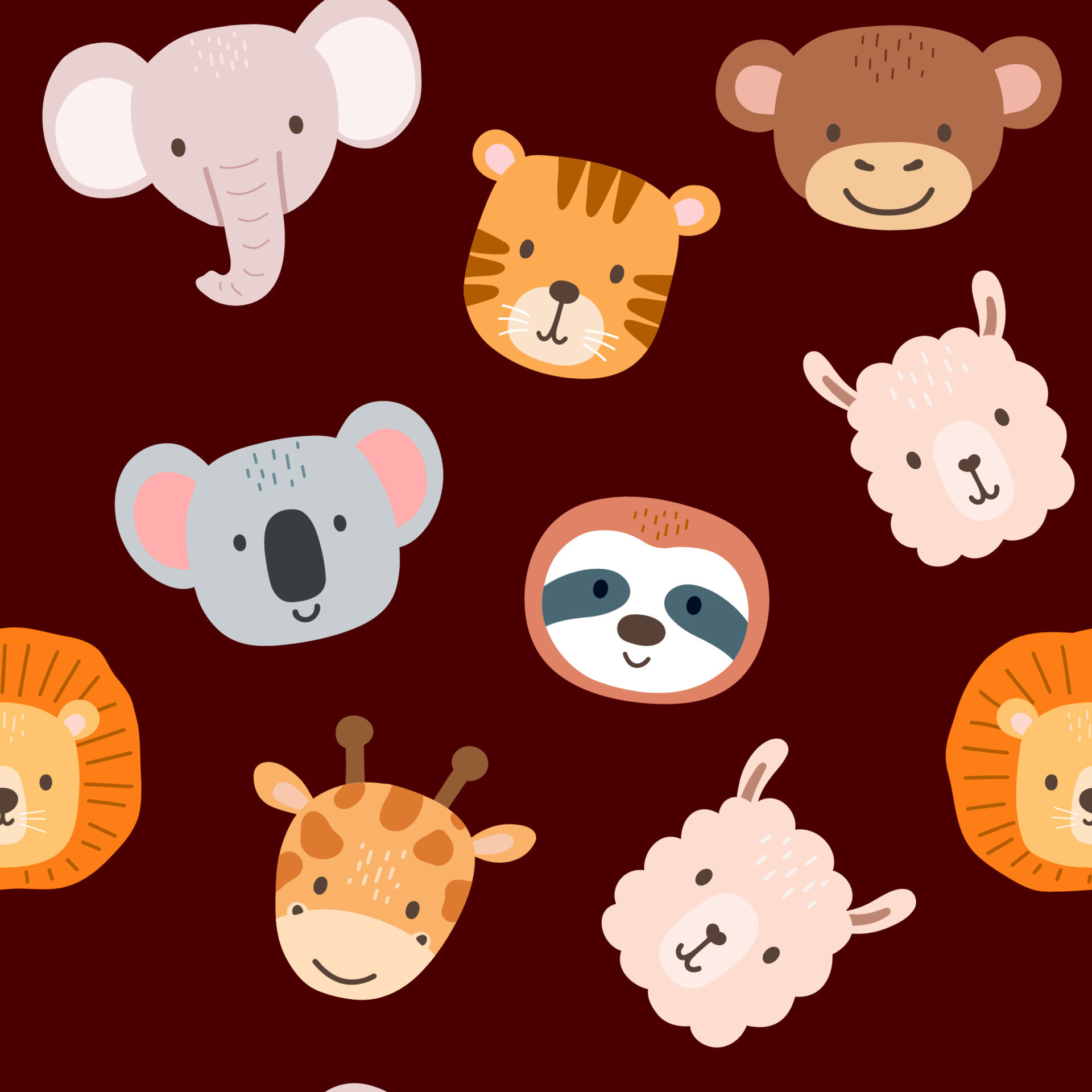 Seamless pattern with cute portrait animals head in cartoon style. Drawing african baby lion, giraffe and elephant faces isolated on dark . Jungle animal 9646681 Vector Art at Vecteezy Seamless pattern with cute portrait animals head in cartoon style. Drawing african baby lion, giraffe and elephant faces isolated on dark . Jungle animal 9646681 Vector Art at Vecteezy