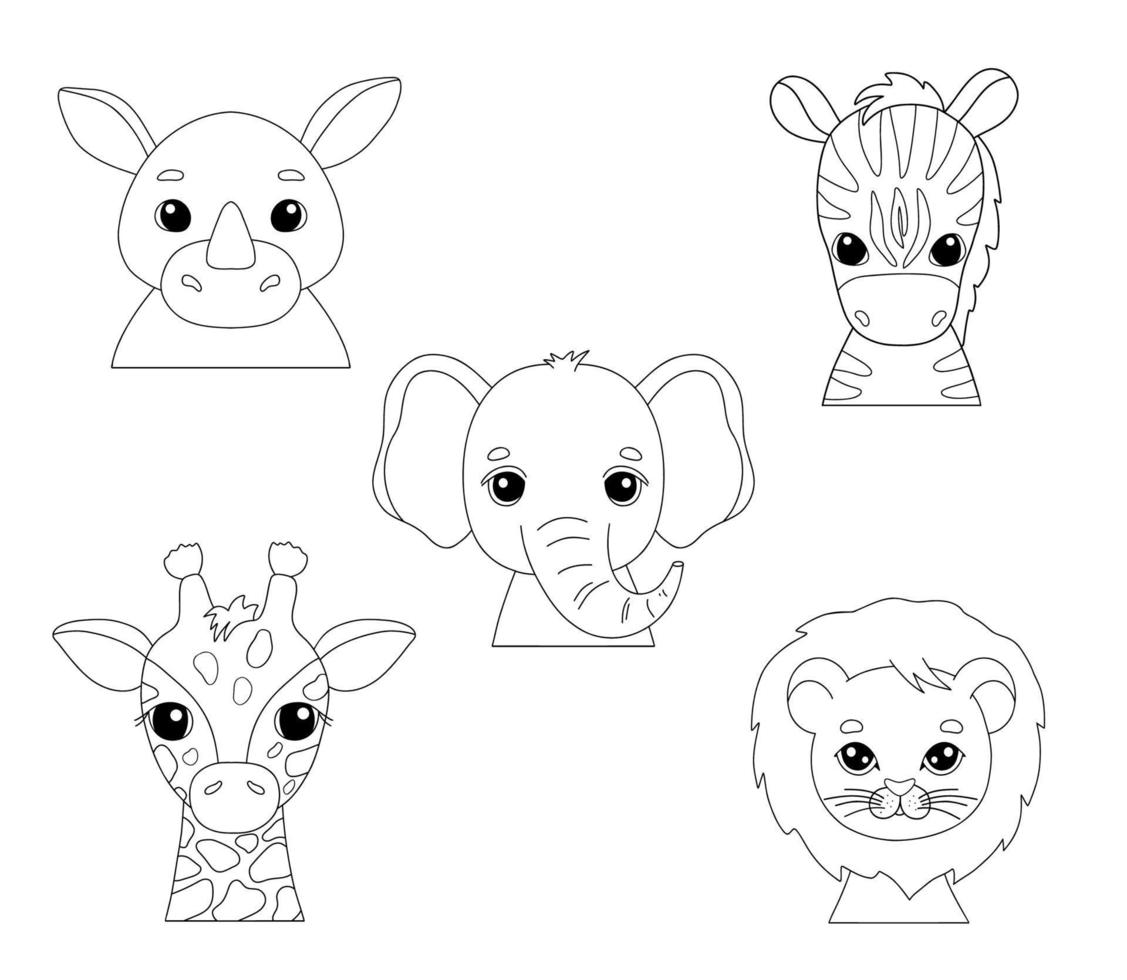 Cute portraits cheetah, giraffe, elephant and zebra in outline style. Drawing african baby wild cat face isolated on white background. Drawing for card and coloring page. Jungle animal vector