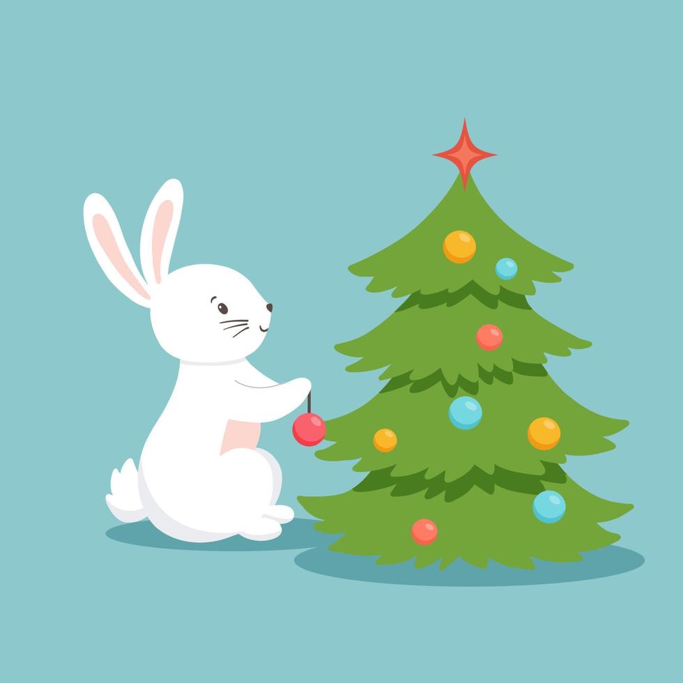 Cute character white bunny decorate Christmas tree. Vector illustration of rabbit on blue background, Symbol 2023 new year