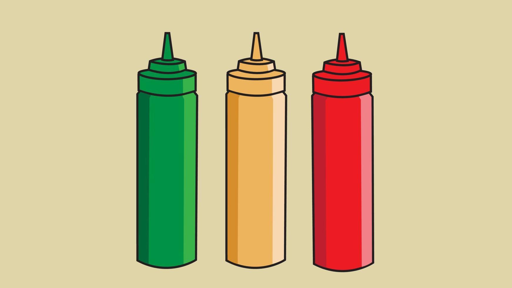 Three variations of bottle sauce, mustard sauce, chili sauce vector illustration