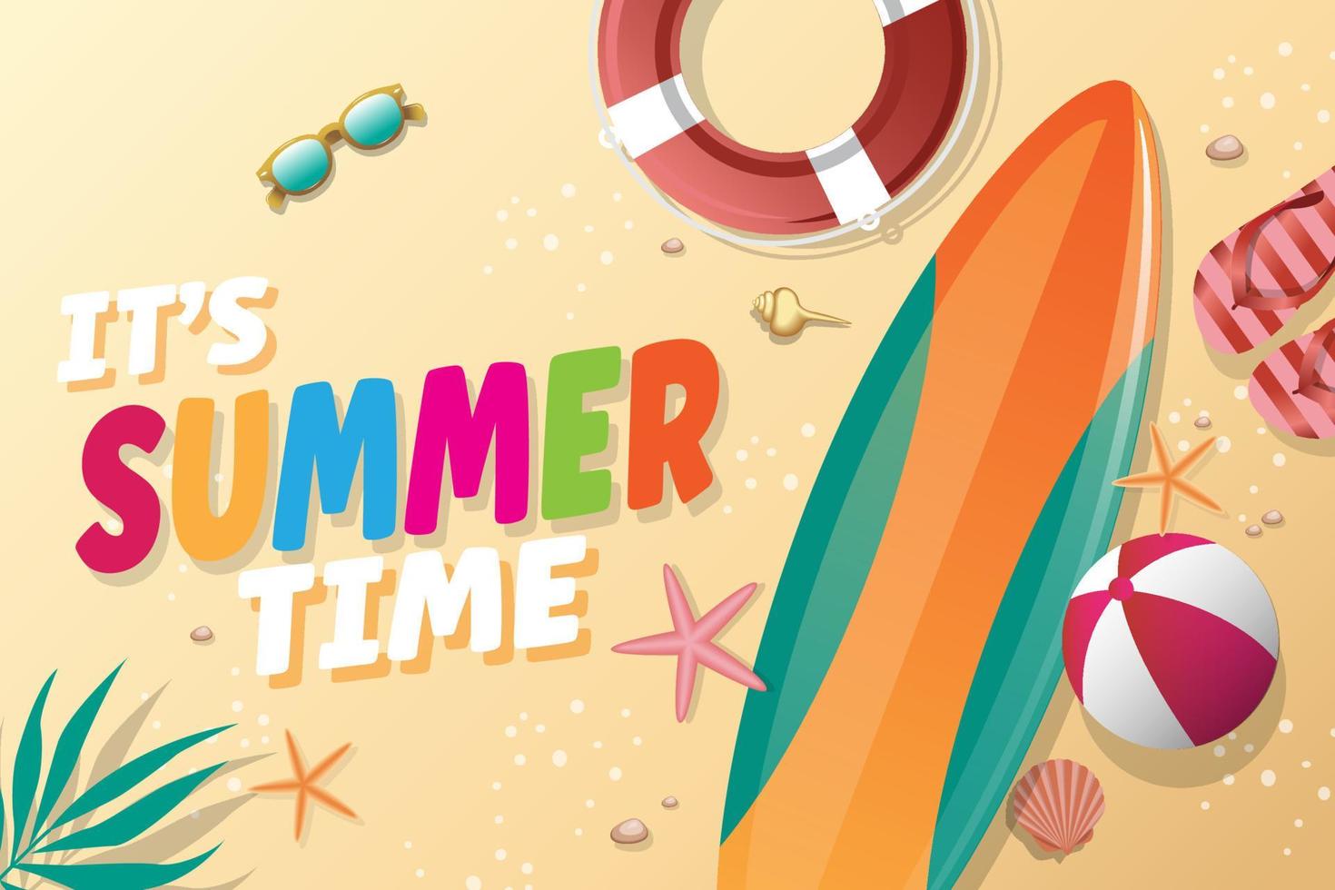 Hello Summer vector illustration with tropical beach and blue sky background for banner, flyer, poster or web site design.