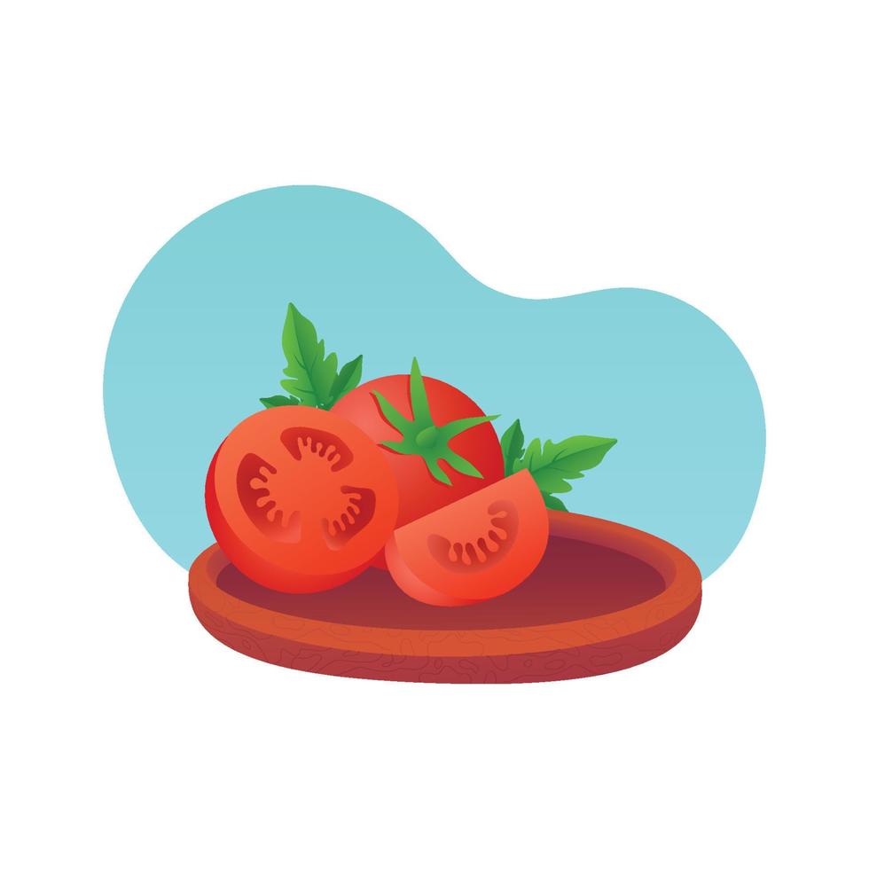 Tomato on a plate - vector illustration, realistic tomato, tomato slice, gradient.