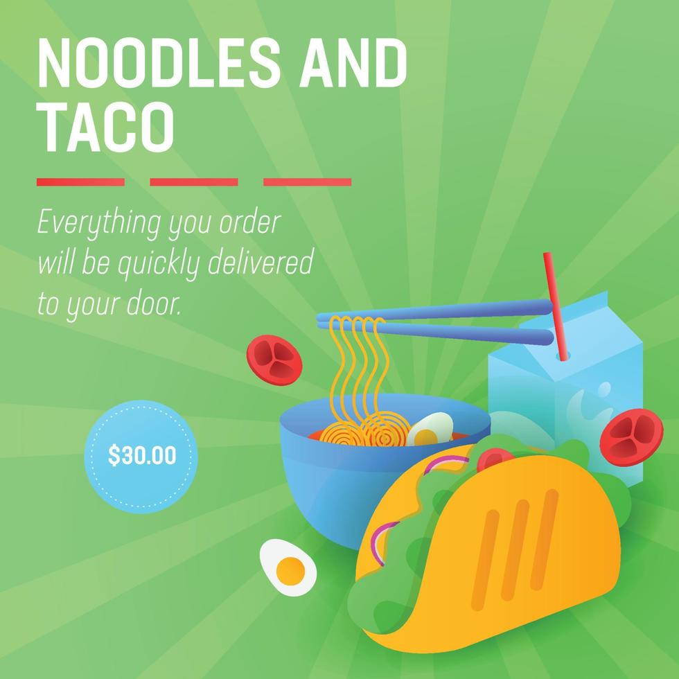 Fast food price combo post design, taco, noodle, milk, pack price, combo pack, vector
