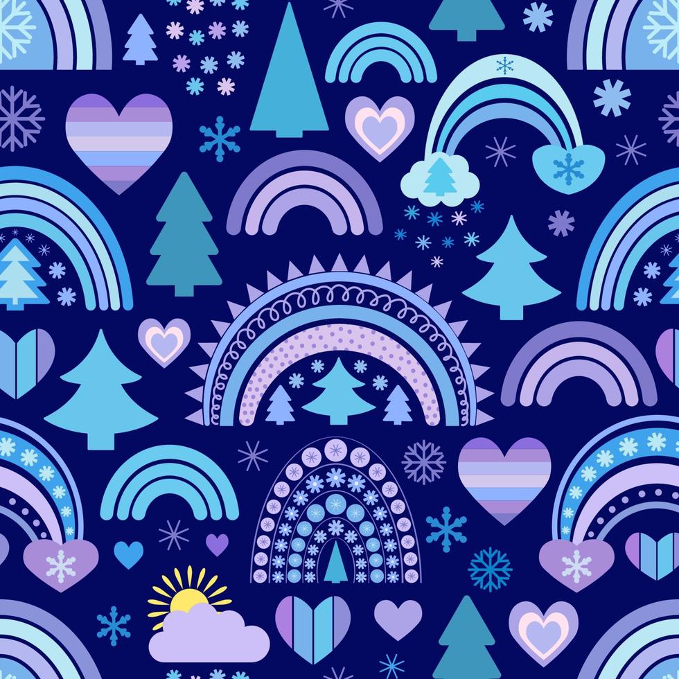 Rainbow christmas seamless pattern. Fabulous background for design on theme of winter, New Year, Christmas. Flat cute baby illustrations vector