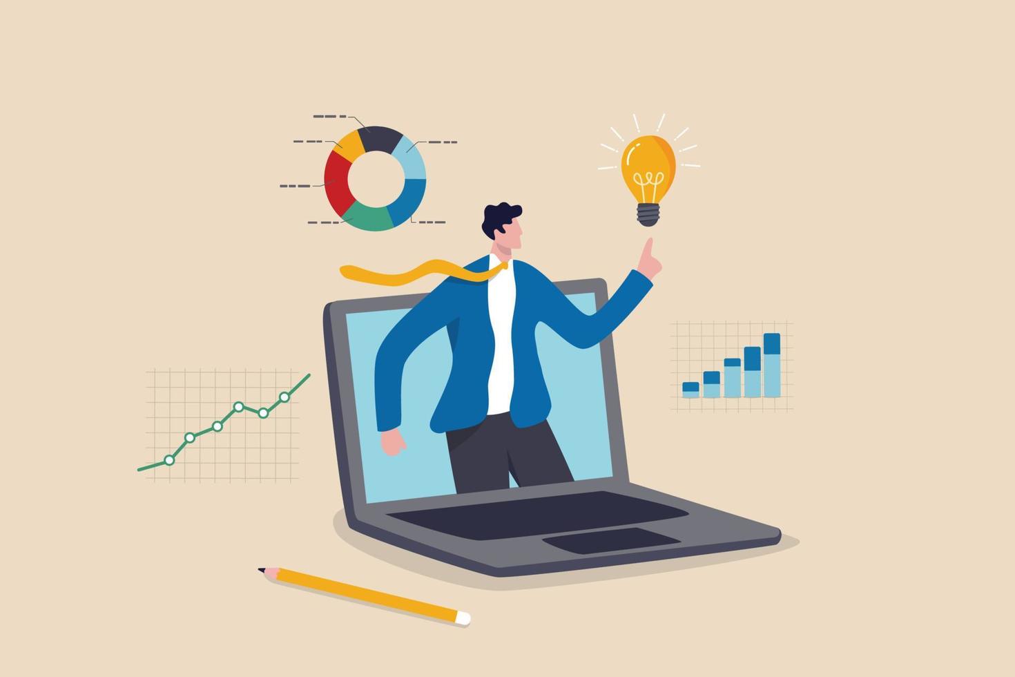 Business consultant, advisor or expertise, online presentation or conference call, strategy and analysis concept, smart businessman from computer laptop monitor giving some advice with analysis graph. vector