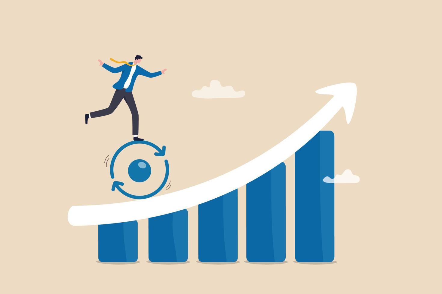Continuous improvement, development cycle to improve quality, business strategy to grow and success, growth development concept, businessman riding improvement cycle uphill on growth business graph. vector