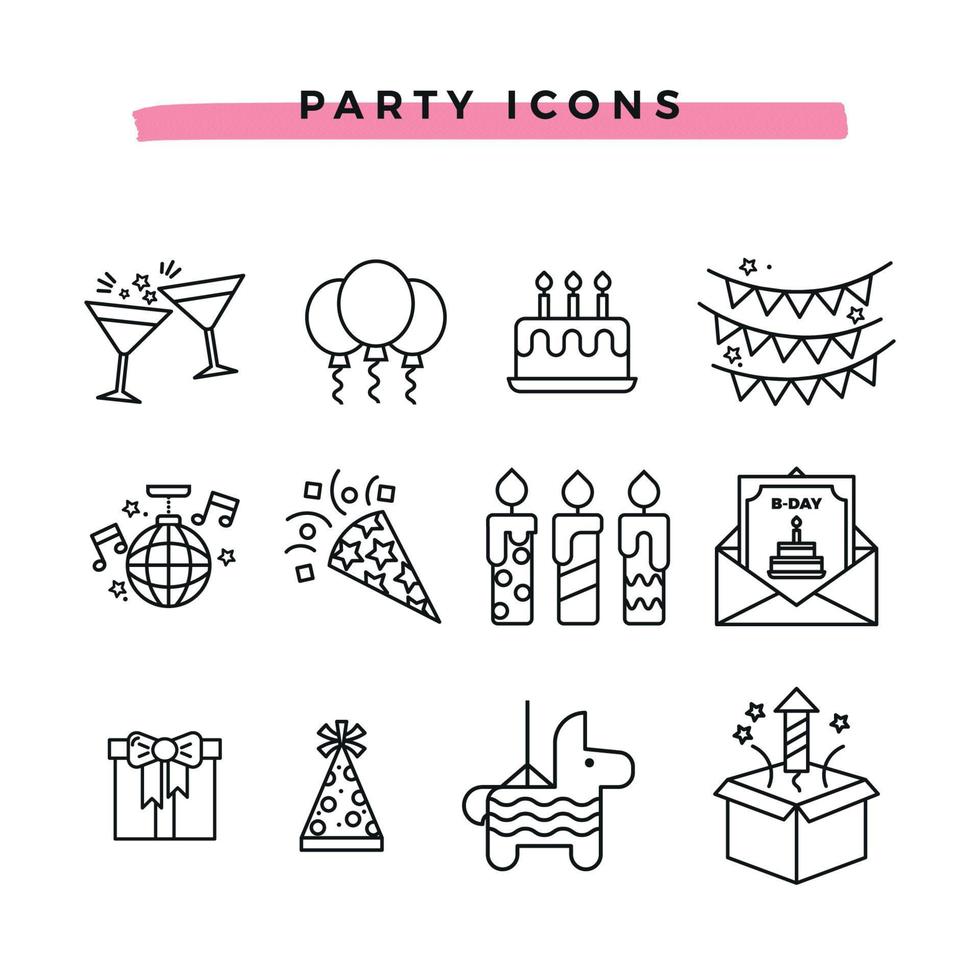 Birthday party line icons set vector