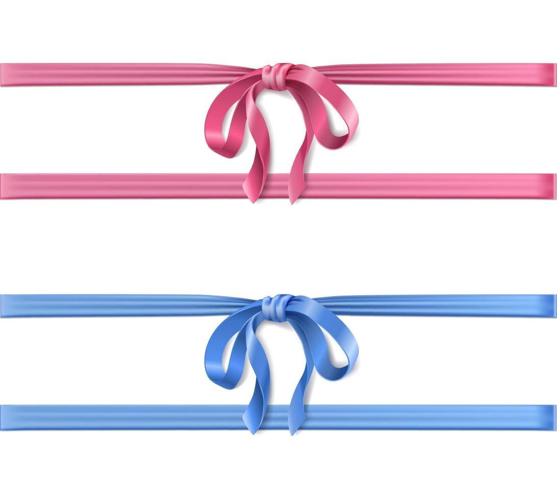 3d realistic icon. Horizontal blue and pink satin ribbons with a bow for present boxes. vector