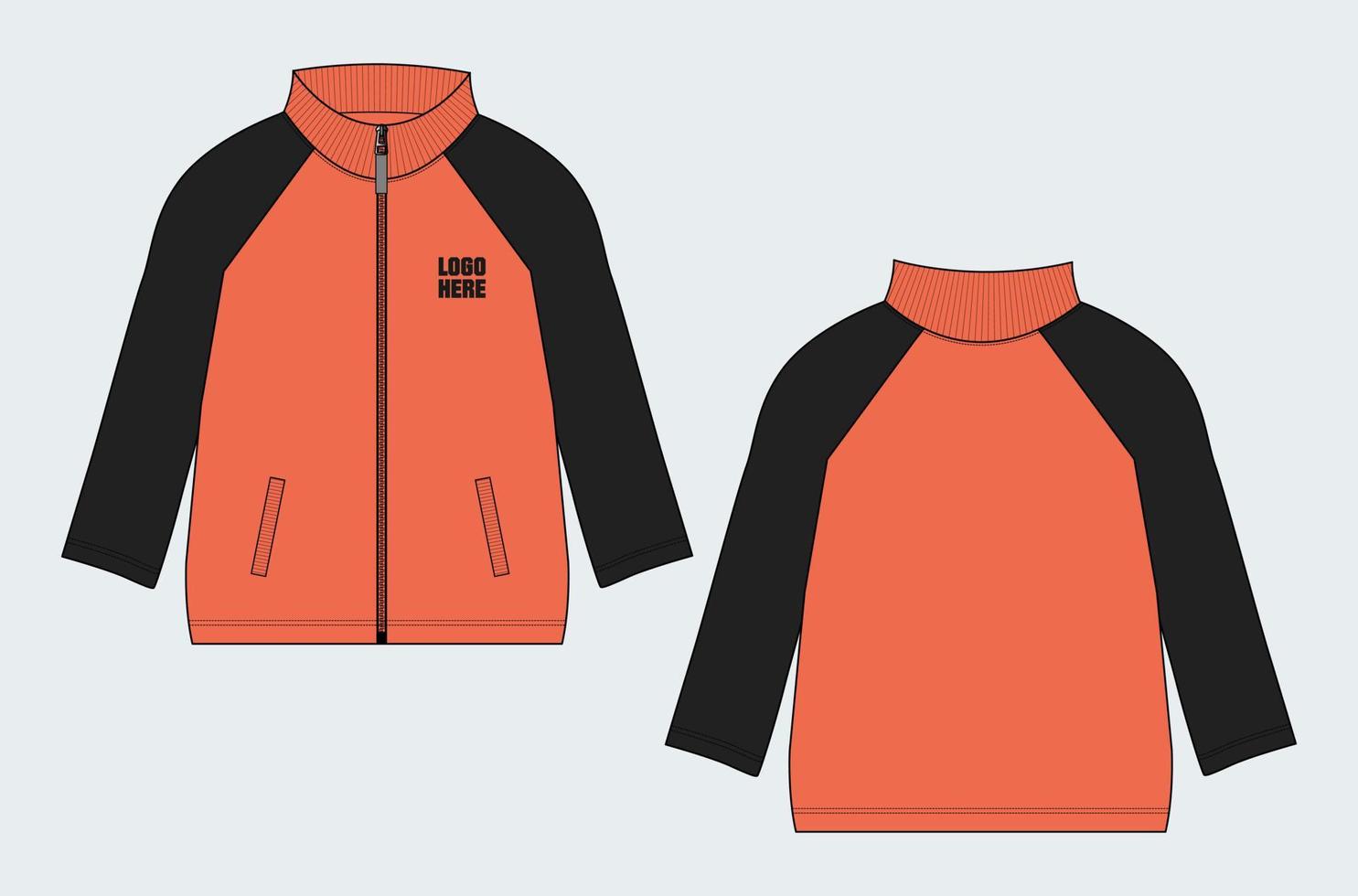 Long sleeve jacket with pocket and zipper technical fashion flat sketch vector illustration template front and back views.