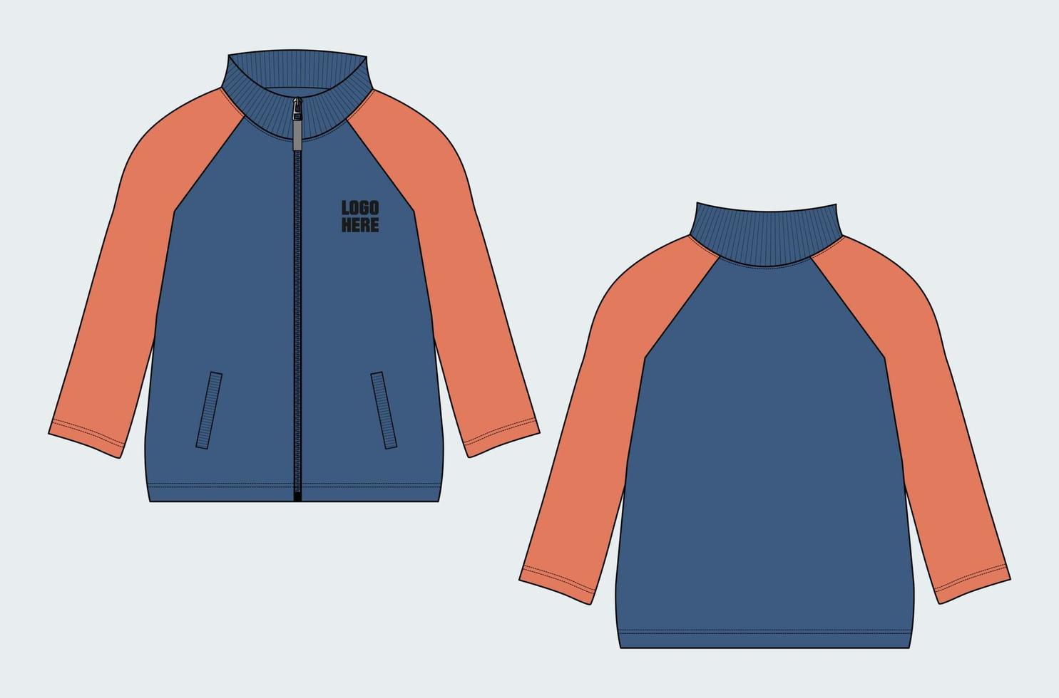 Long sleeve jacket with pocket and zipper technical fashion flat sketch vector illustration template front and back views.