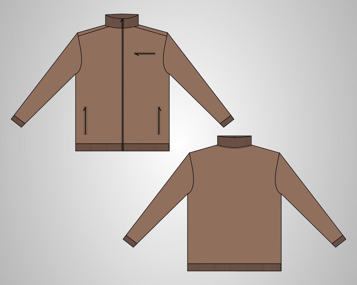 Long sleeve jacket with pocket and zipper technical fashion flat sketch vector illustration template front and back views.