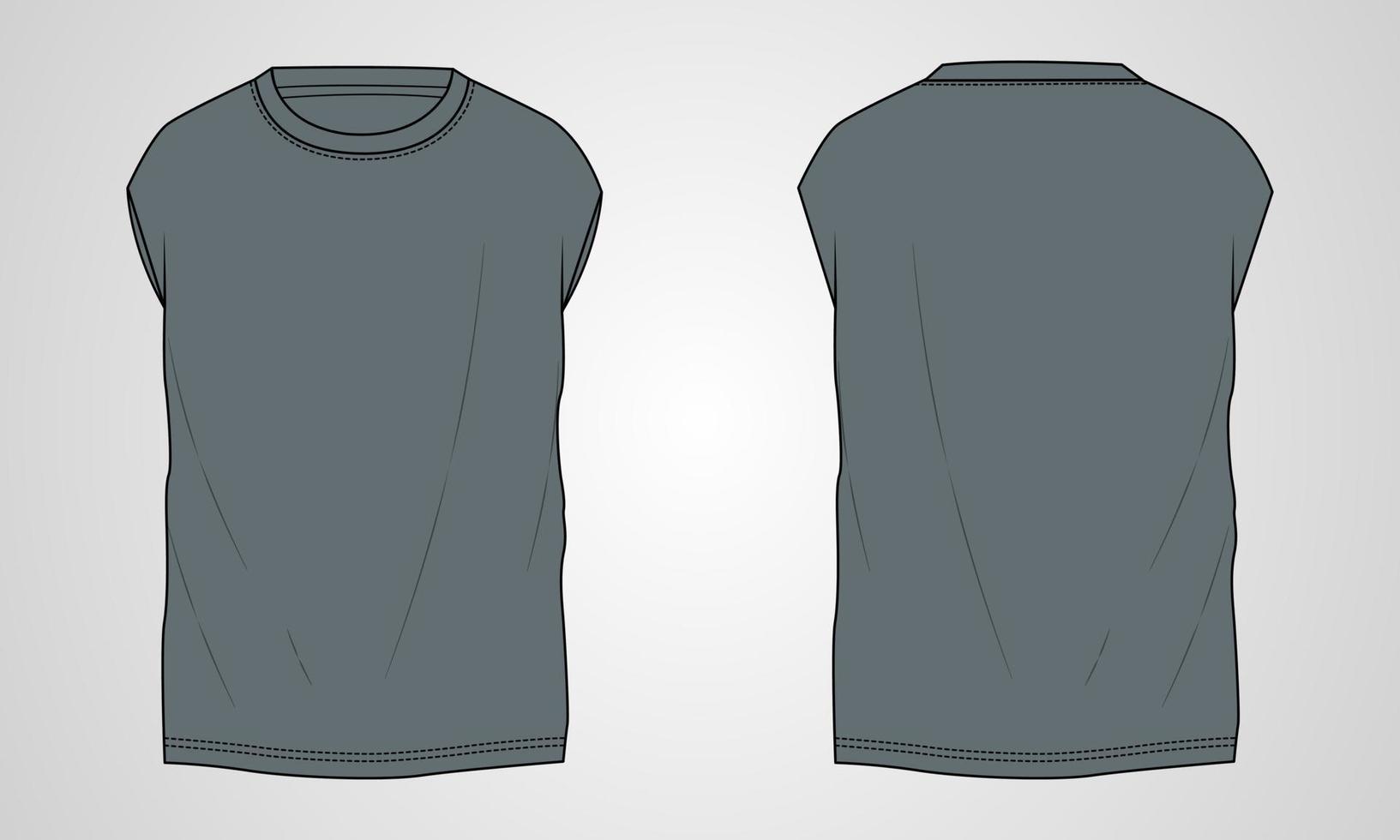 Sleeveless T-shirt Tops technical fashion Flats Sketch Vector illustration Template For mens and boys.