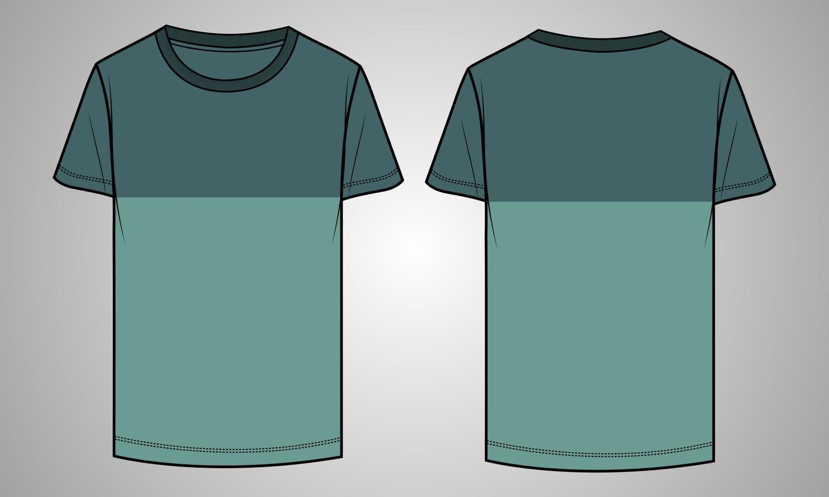 color de dos tonos con corte en el pecho y vista delantera y trasera de la plantilla de ilustración vectorial de camiseta de manga corta cosida vector