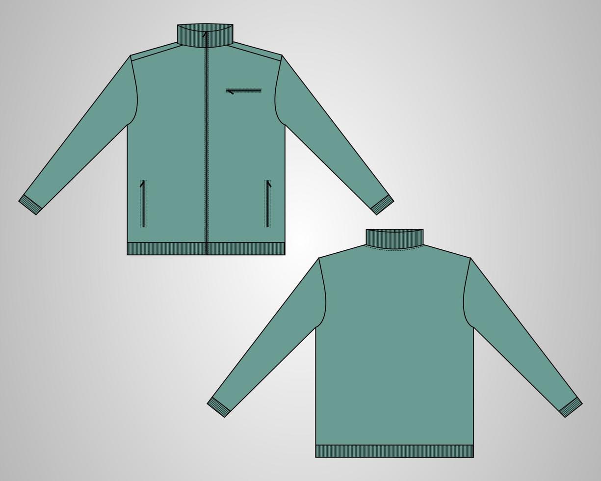 Long sleeve jacket with pocket and zipper technical fashion flat sketch vector illustration template front and back views.