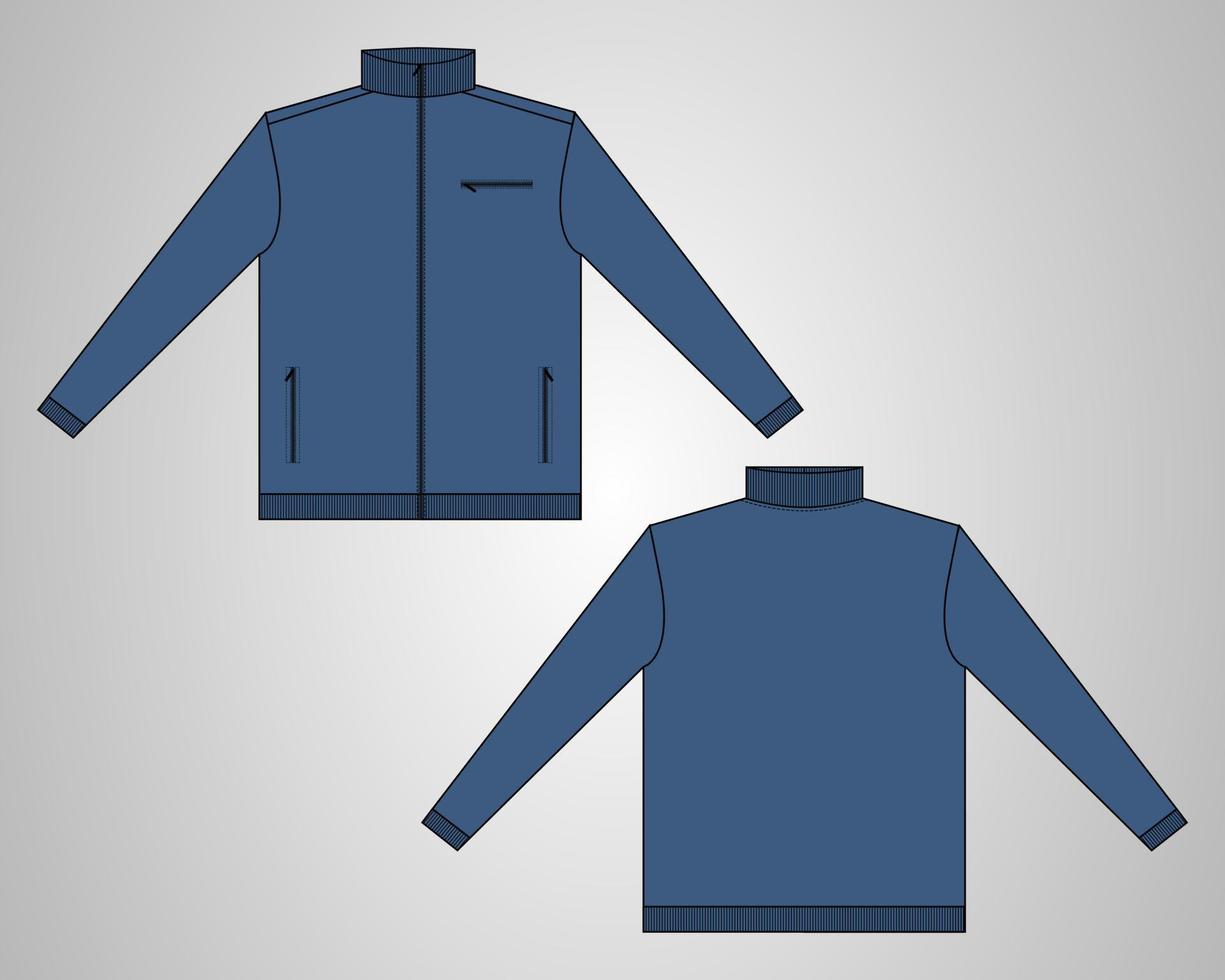chaqueta de manga larga con bolsillo y cremallera vista frontal y posterior de la plantilla de ilustración vectorial de boceto plano de moda técnica. vector