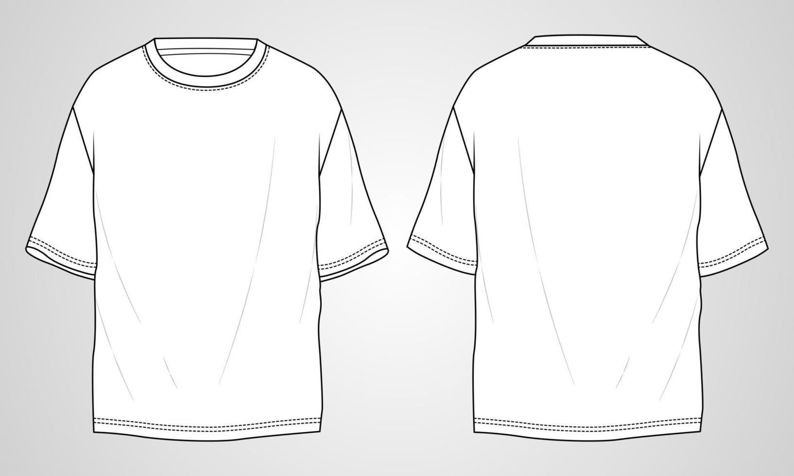 Camiseta de manga corta de gran tamaño, planos técnicos de moda, plantilla de ilustración vectorial de boceto para hombres y niños. vector