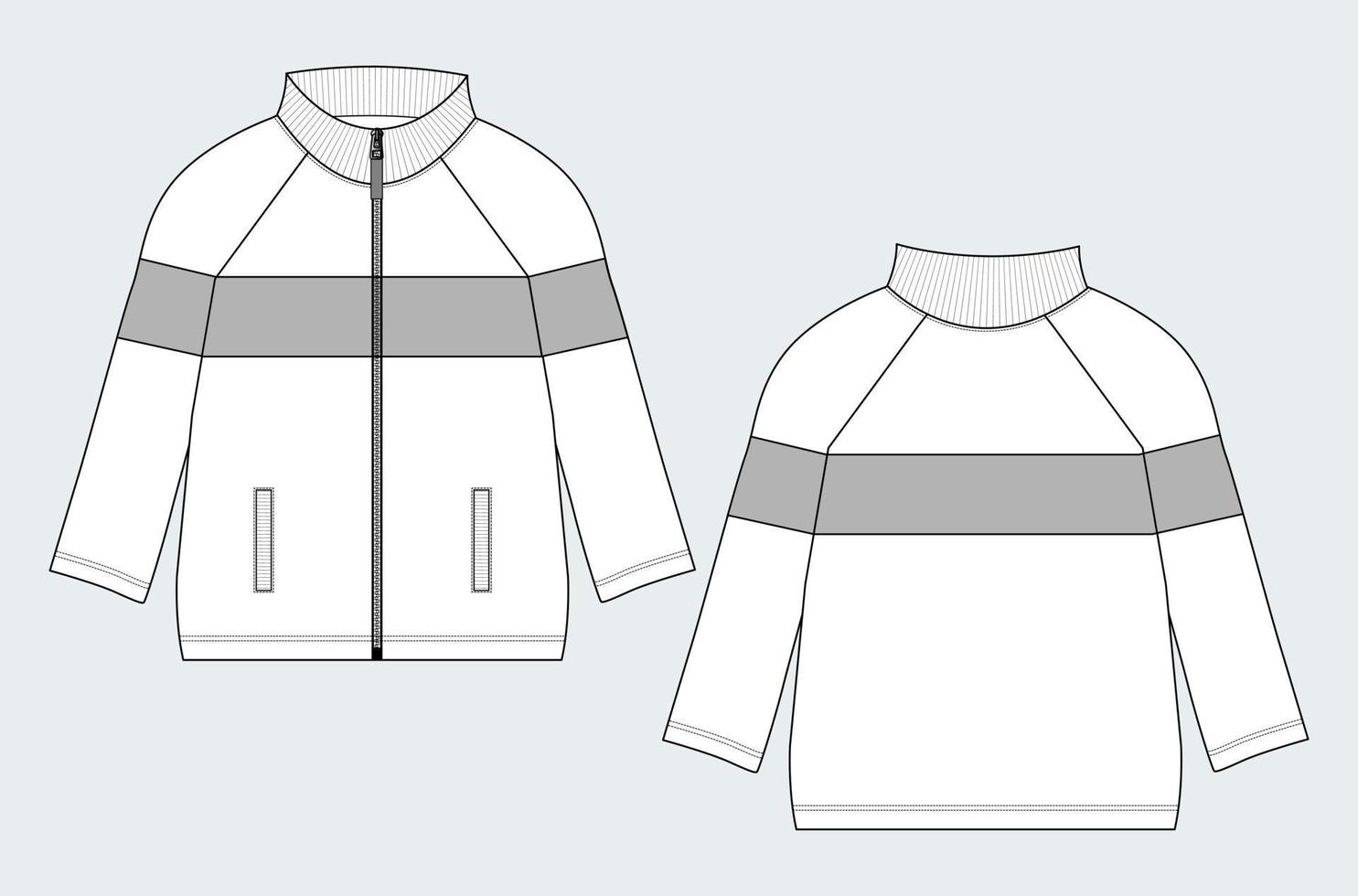 Long sleeve jacket with pocket and zipper technical fashion flat sketch vector illustration template front and back views.