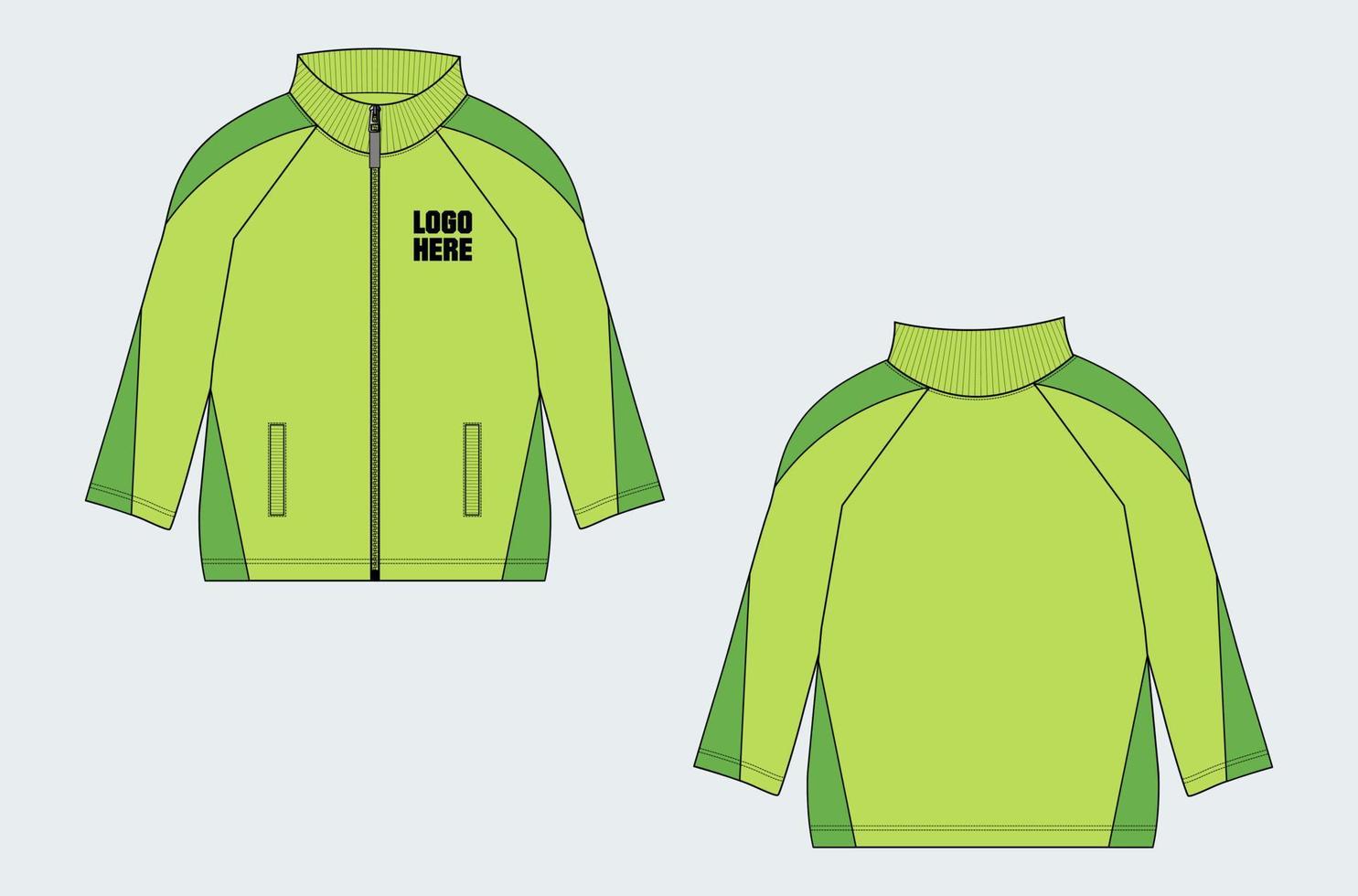 Long sleeve jacket with pocket and zipper technical fashion flat sketch vector illustration template front and back views.