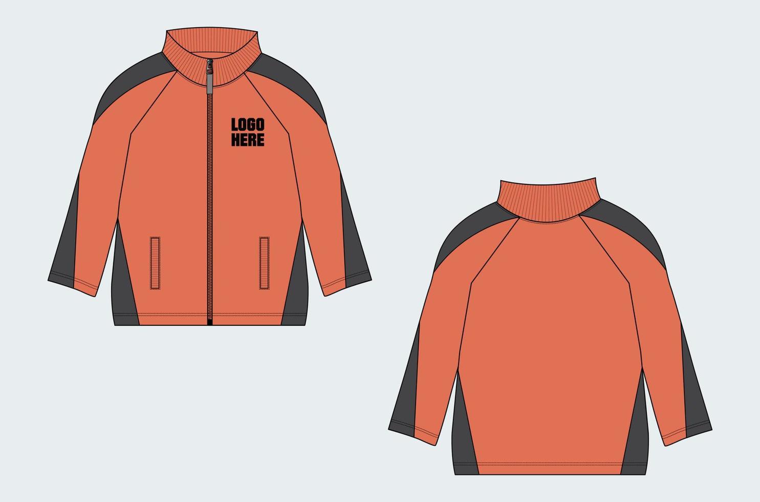 Long sleeve jacket with pocket and zipper technical fashion flat sketch vector illustration template front and back views.