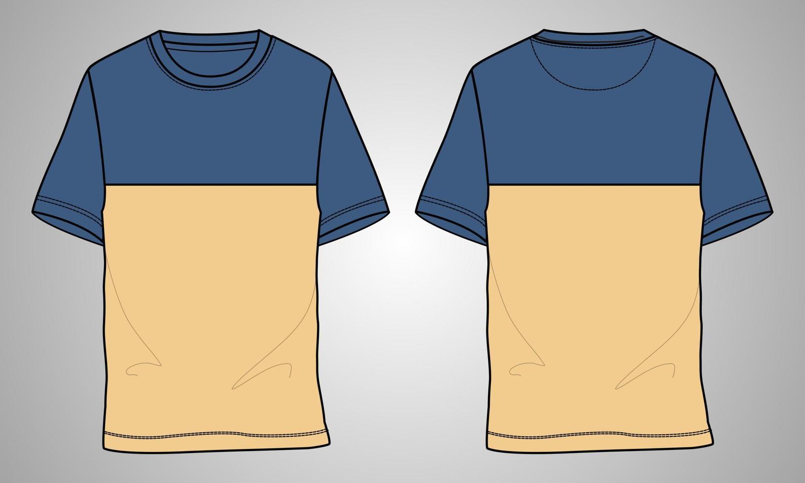 vista frontal y posterior de la plantilla de ilustración vectorial de boceto plano de moda técnica de camiseta de manga corta vector