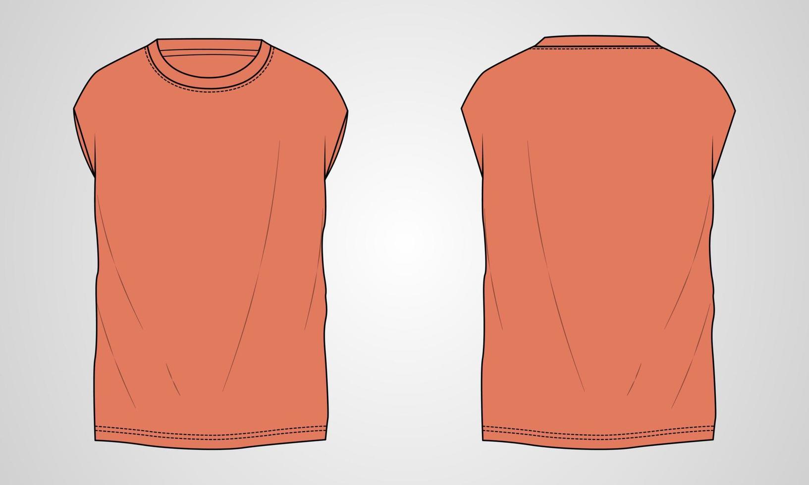 Sleeveless T-shirt Tops technical fashion Flats Sketch Vector illustration Template For mens and boys.