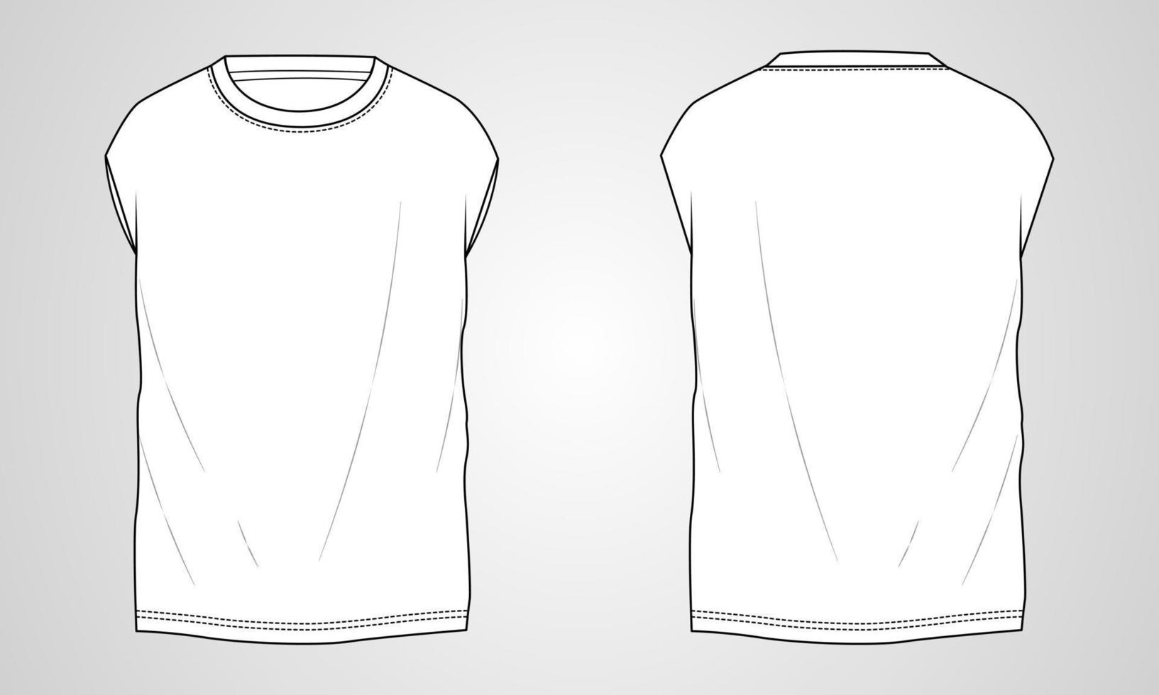 Sleeveless T-shirt Tops technical fashion Flats Sketch Vector illustration Template For mens and boys.