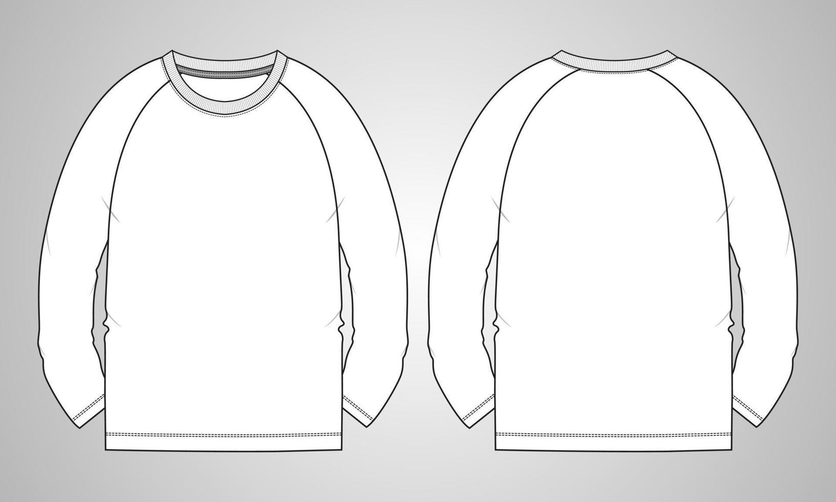 Long sleeve Raglan T shirt technical fashion flat sketch vector Illustration template front, back views isolated on grey background. Regular fit Basic apparel Design Mock up.