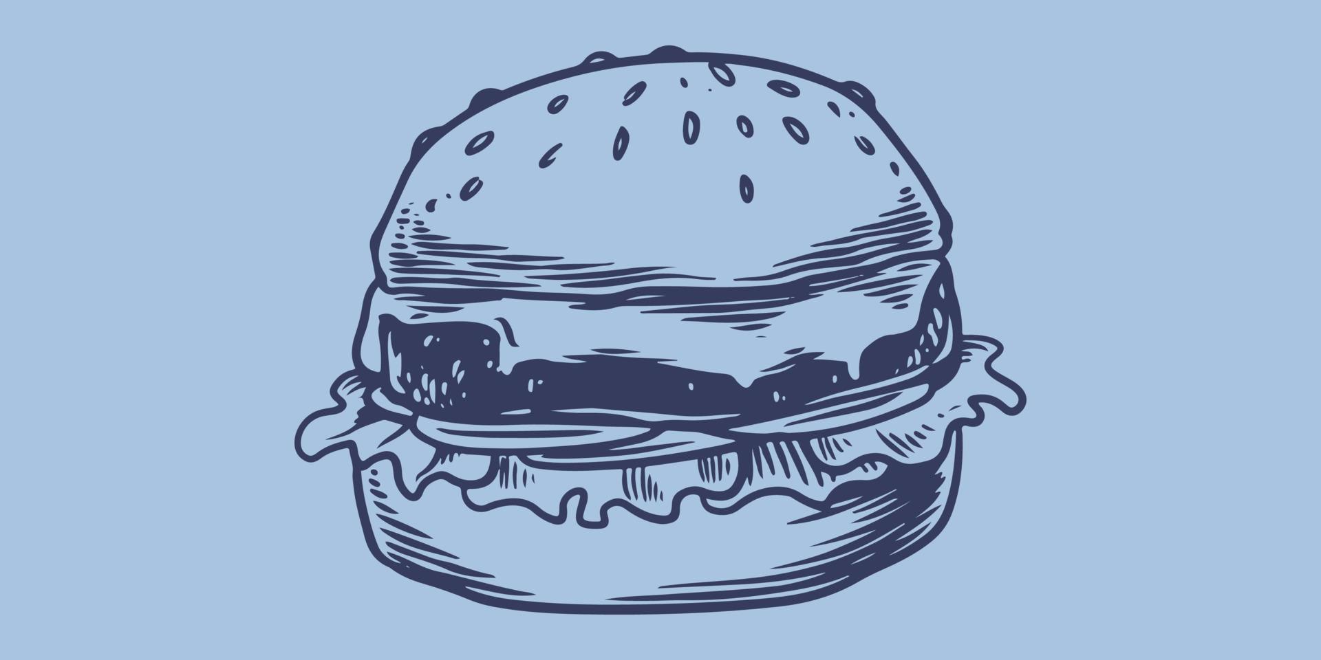 dibujo a mano comida rápida de gran comida chatarra deliciosa hamburguesa vector